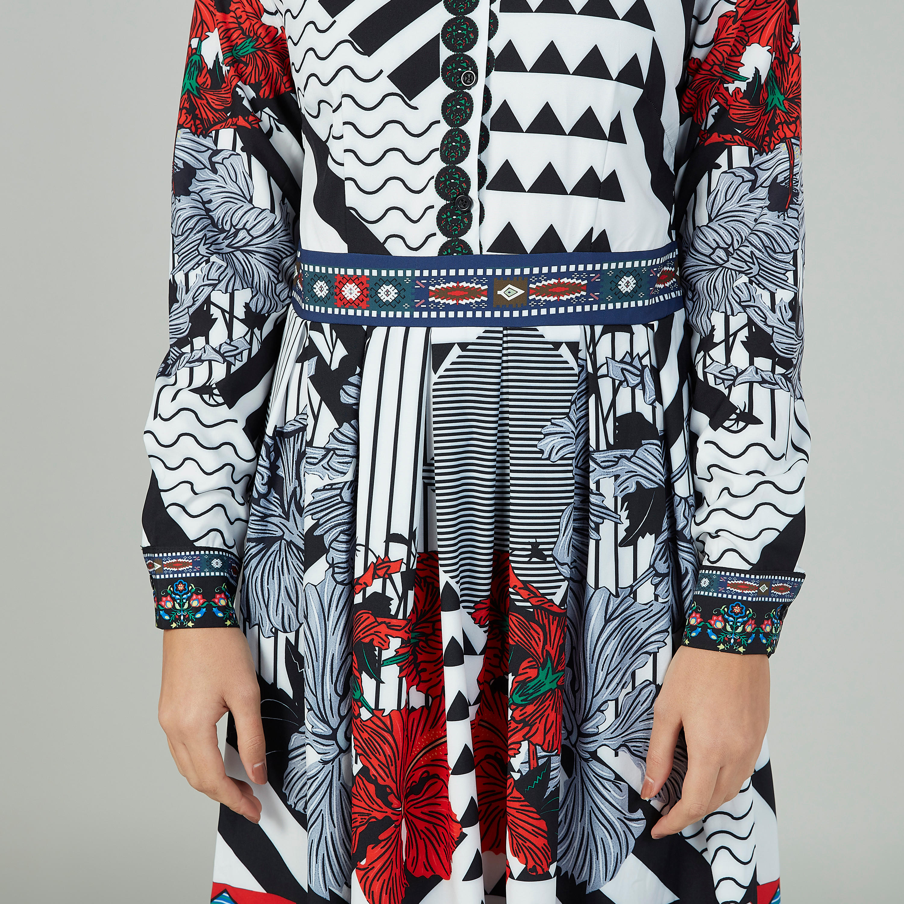 Printed Midi A-line Dress with Long Sleeves and Spread Collar-women-clothing-dresses-image-3