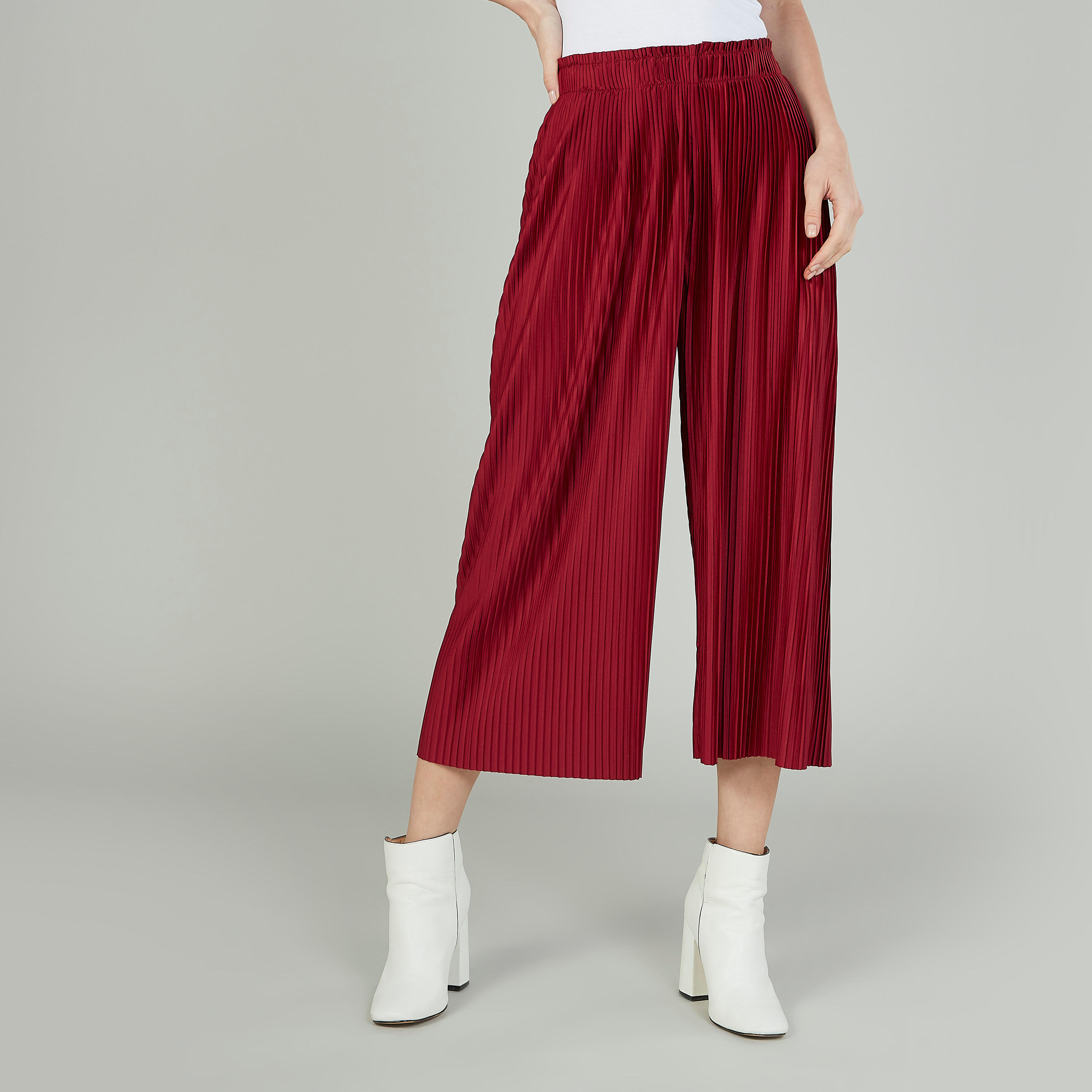 بنطلون بلازو سادة بخصر مطاطي متوسط الارتفاع-women-clothing-bottoms-trousers-image-1