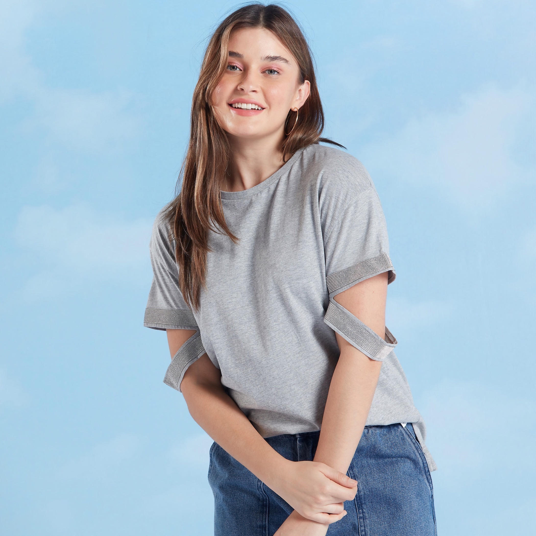 Solid T-shirt with Crew Neck and Drop Shoulder Sleeves-women-clothing-tshirts-image-1