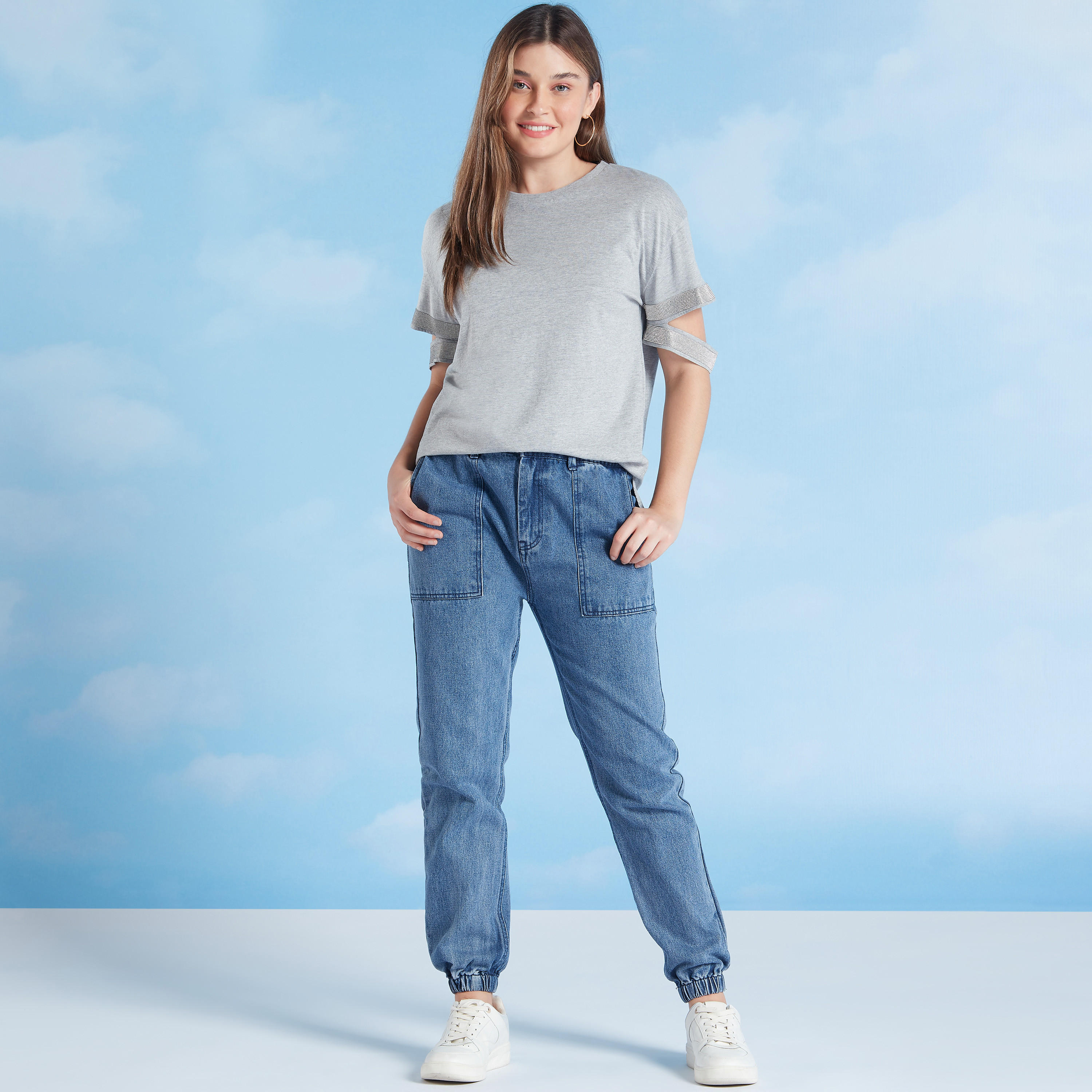 Solid T-shirt with Crew Neck and Drop Shoulder Sleeves-women-clothing-tshirts-image-2
