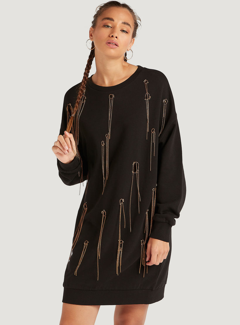 فستان تيشيرت قصير بياقة مستديرة مزيّن بأكمام طويلة من تو إكستريمز-women-clothing-dresses-image-1