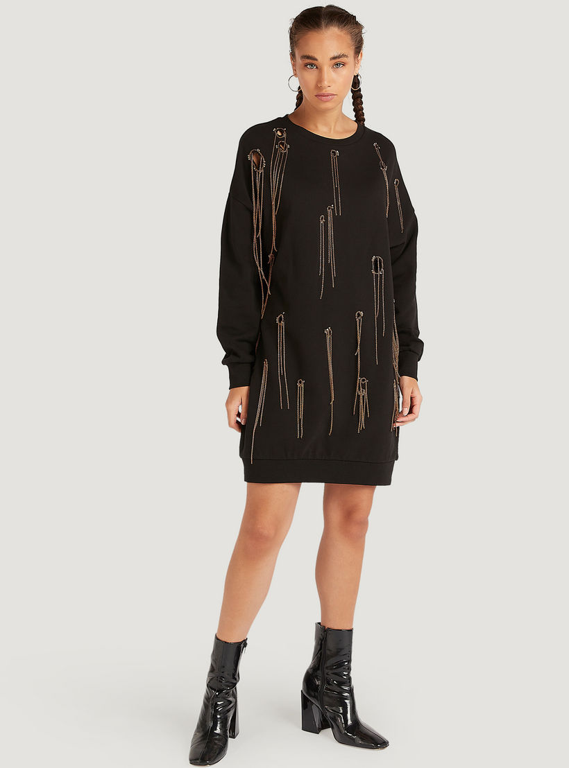 فستان تيشيرت قصير بياقة مستديرة مزيّن بأكمام طويلة من تو إكستريمز-women-clothing-dresses-image-2