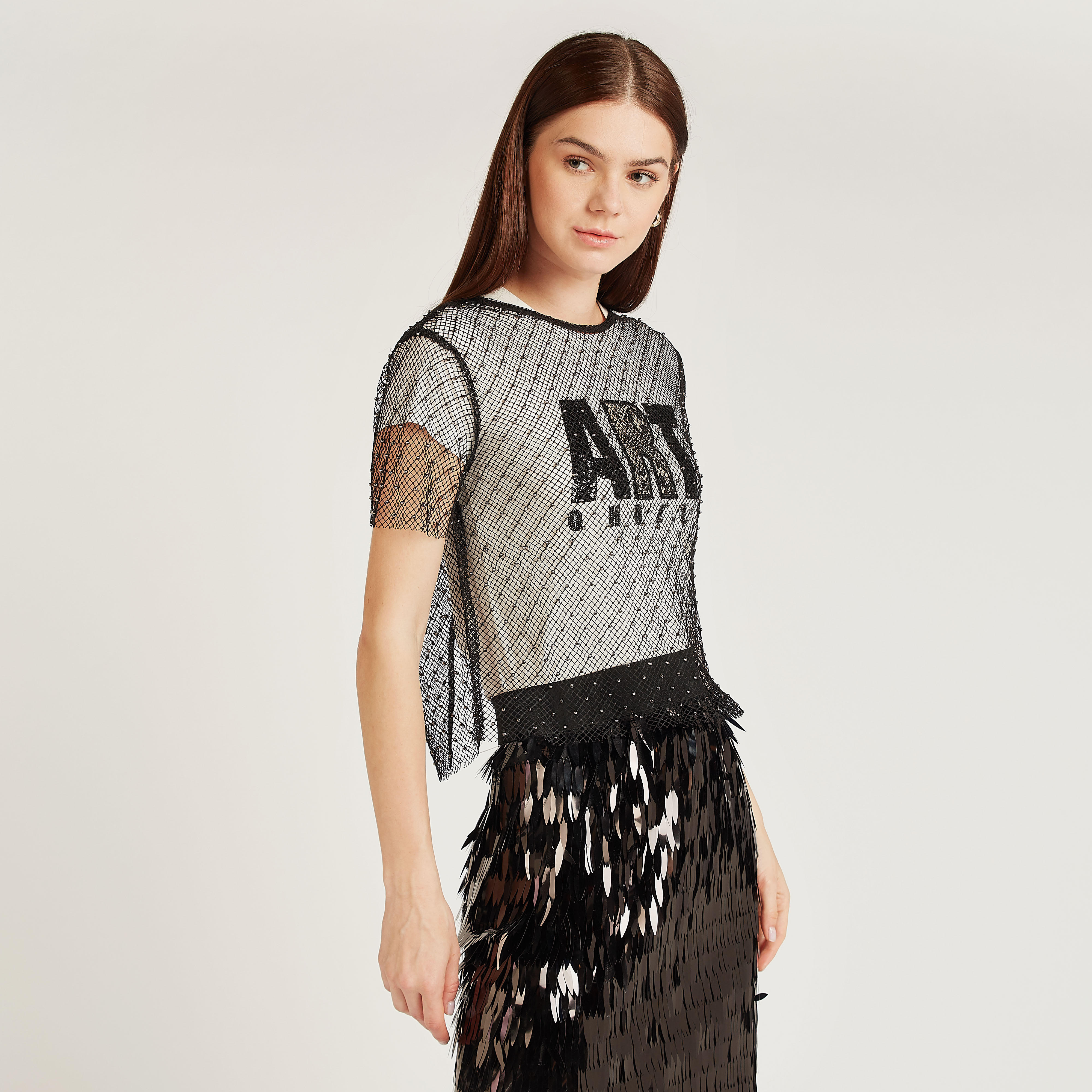 بلوزة دانتيل بياقة مستديرة وأكمام قصيرة-women-clothing-shirtsandblouses-blouses-image-1