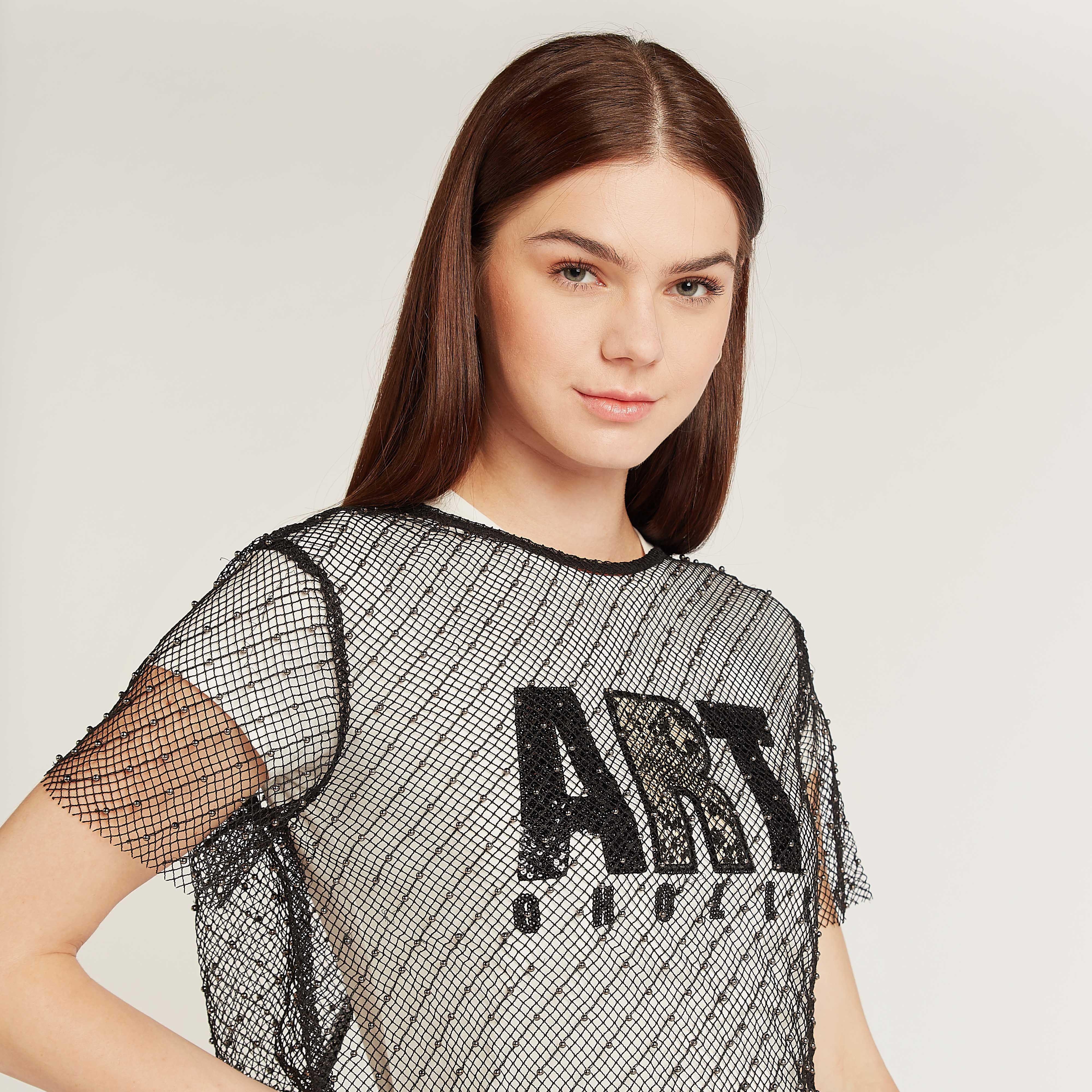 بلوزة دانتيل بياقة مستديرة وأكمام قصيرة-women-clothing-shirtsandblouses-blouses-image-3