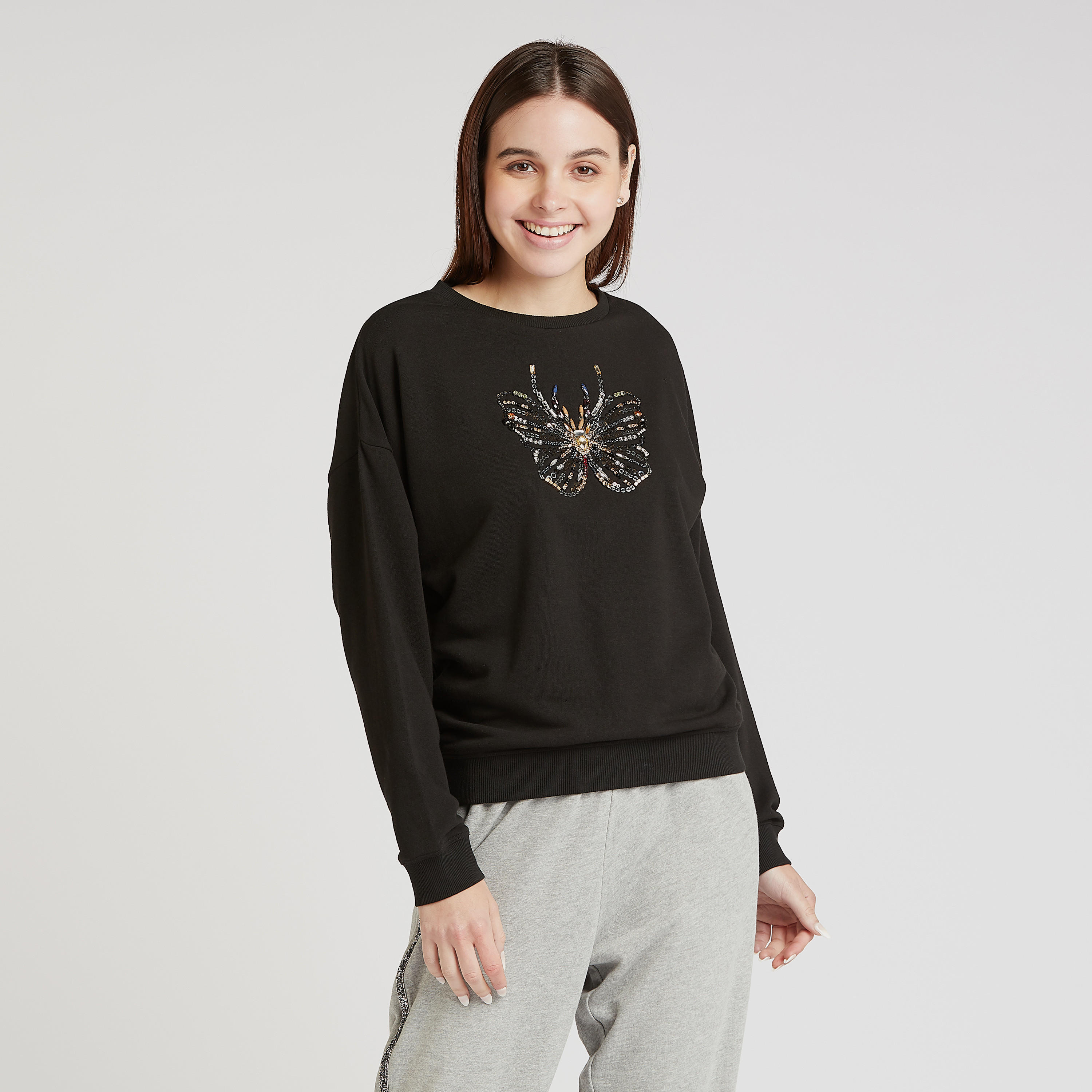 Embellished Sweatshirt with Crew Neck and Drop Shoulder Sleeves-women-winterwear-hoodiesandsweatshirts-sweatshirts-image-1