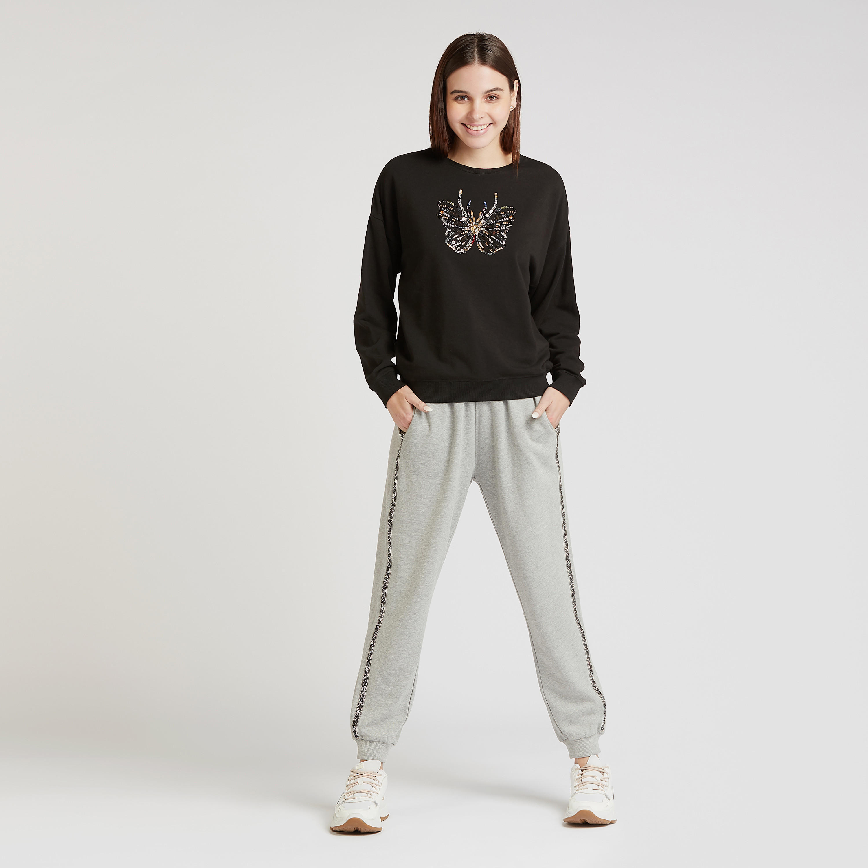 Embellished Sweatshirt with Crew Neck and Drop Shoulder Sleeves-women-winterwear-hoodiesandsweatshirts-sweatshirts-image-2