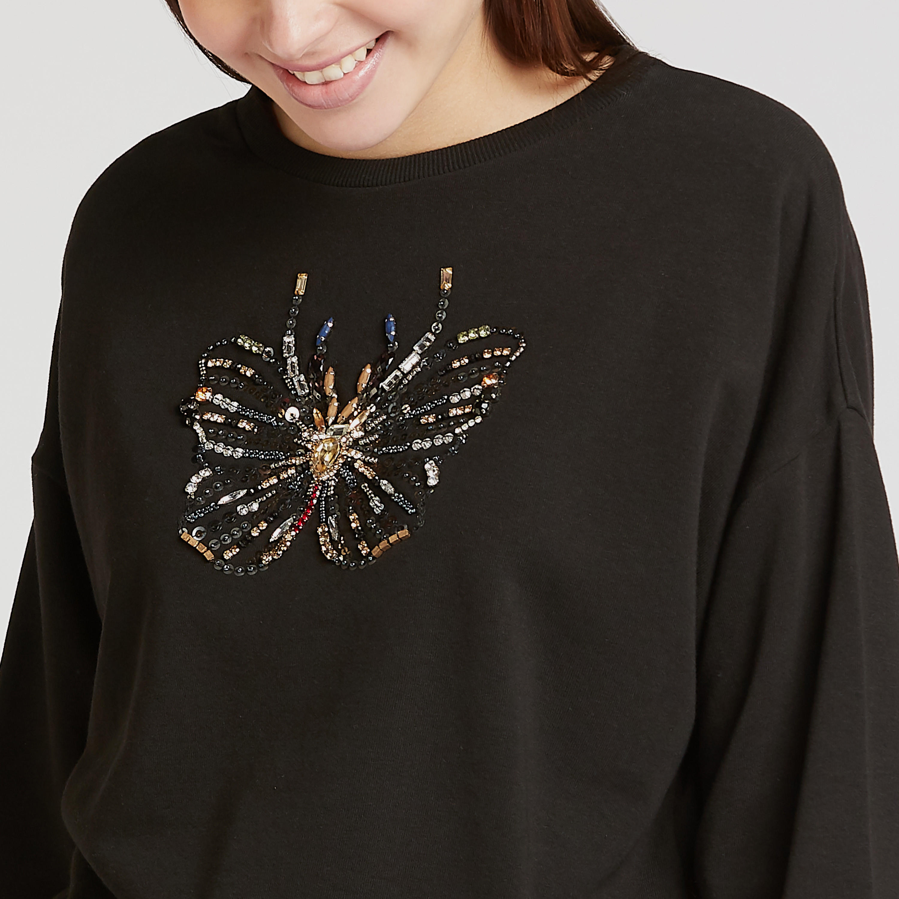 Embellished Sweatshirt with Crew Neck and Drop Shoulder Sleeves-women-winterwear-hoodiesandsweatshirts-sweatshirts-image-3