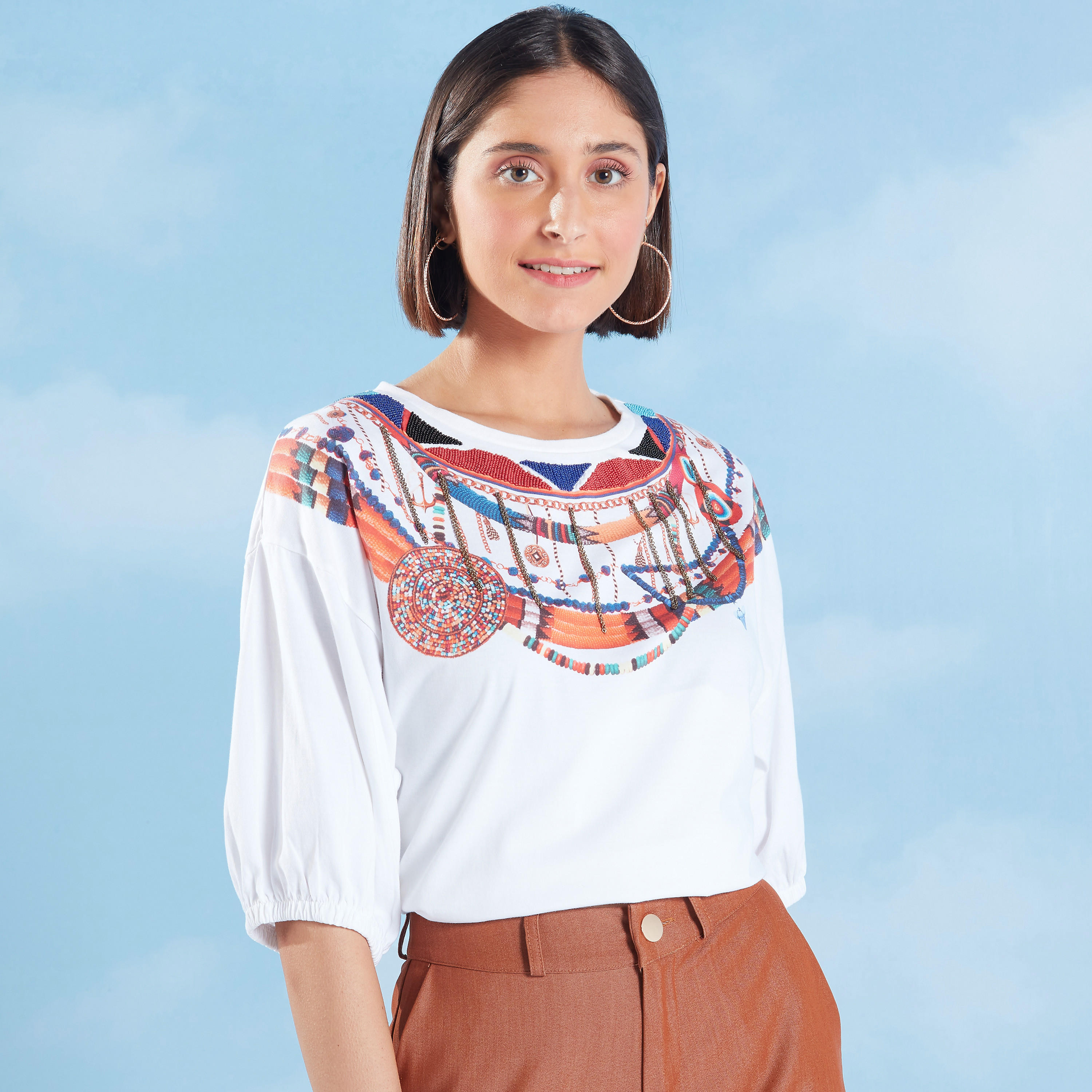 تيشيرت مزيّن بياقة مستديرة وأكمام 3/4-women-clothing-tshirts-image-1
