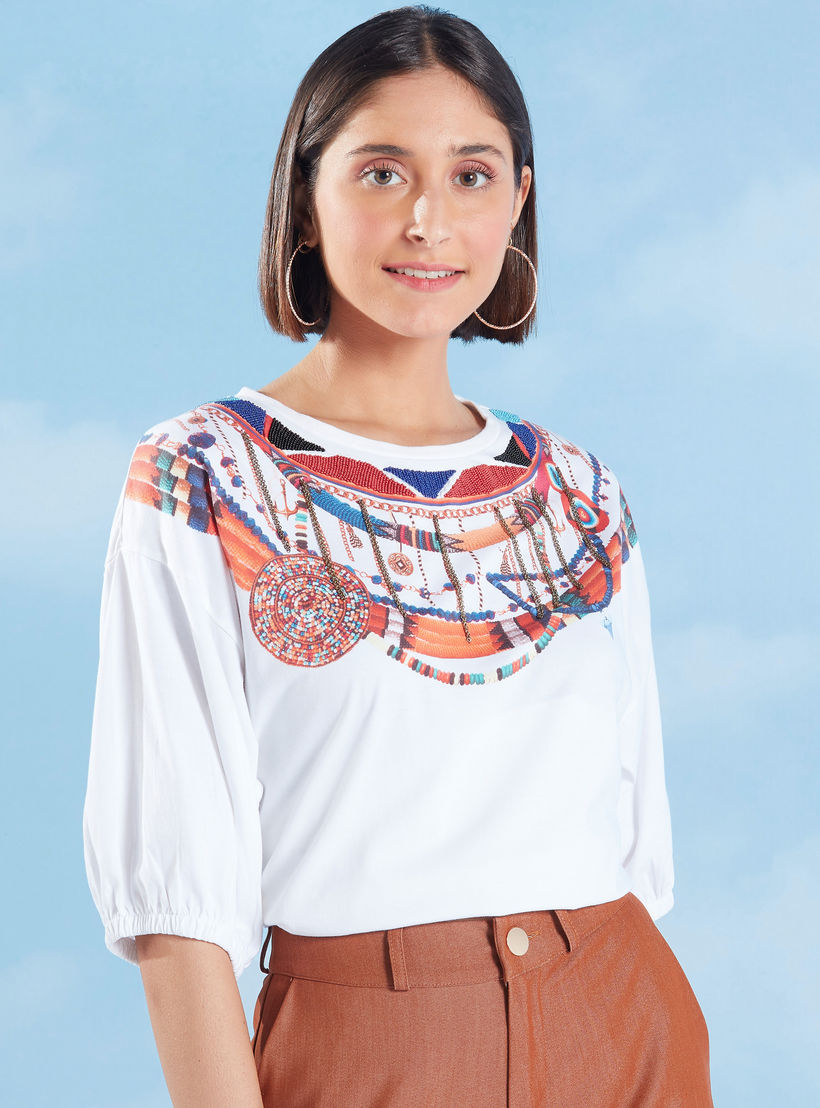 تيشيرت مزيّن بياقة مستديرة وأكمام 3/4-women-clothing-tshirts-image-1