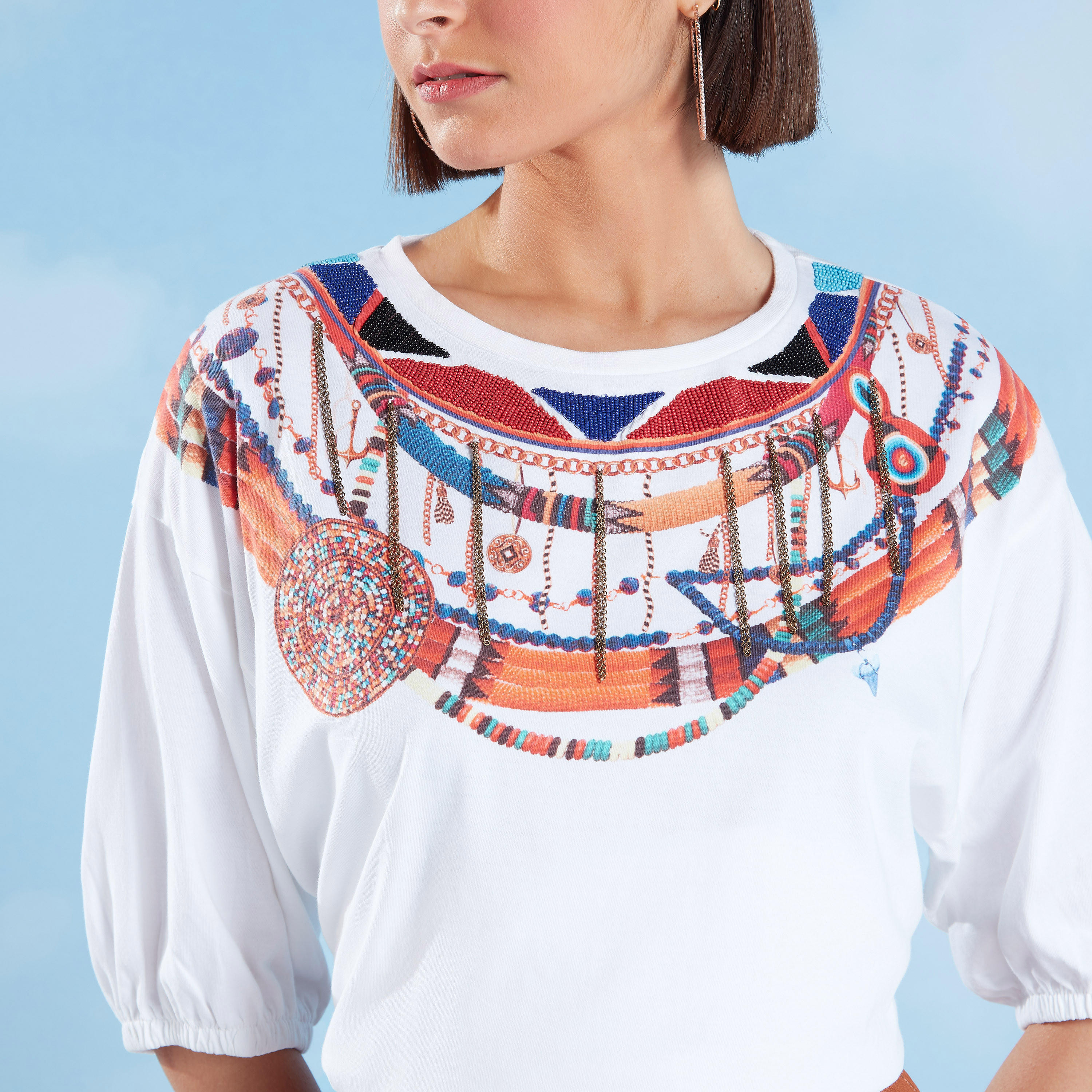 تيشيرت مزيّن بياقة مستديرة وأكمام 3/4-women-clothing-tshirts-image-3