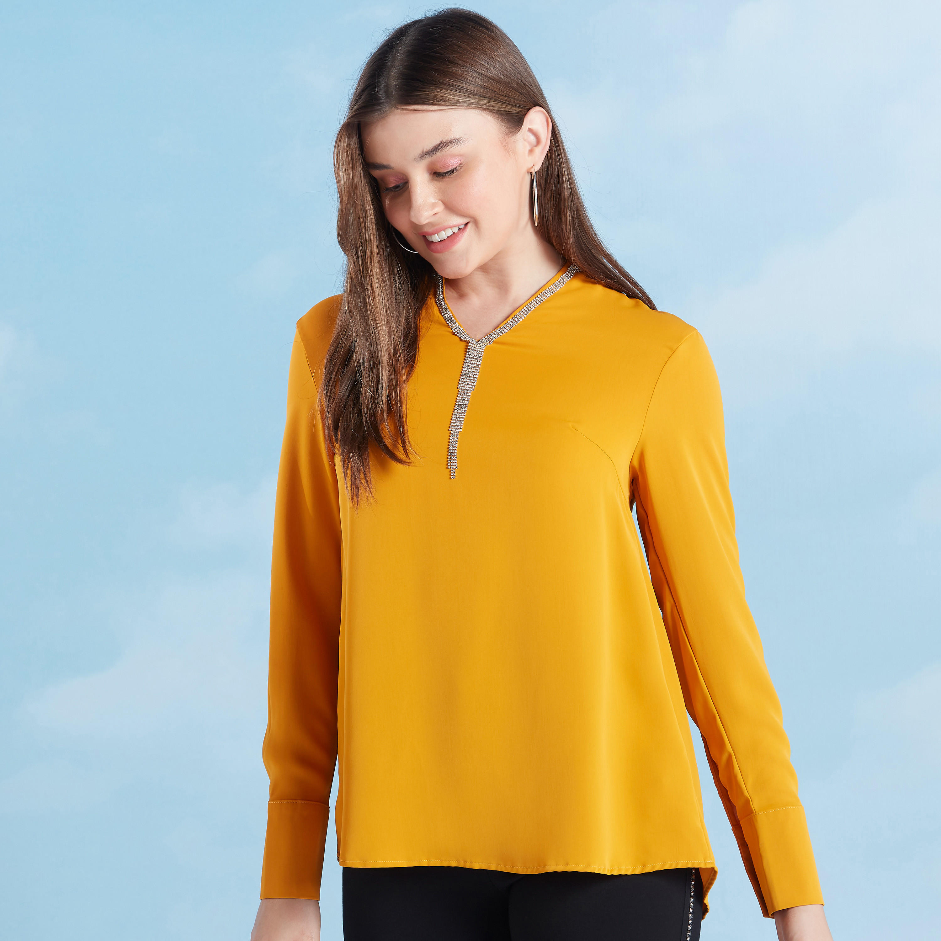 Solid Top with Long Sleeves and Stud Detail-women-clothing-shirtsandblouses-blouses-image-1