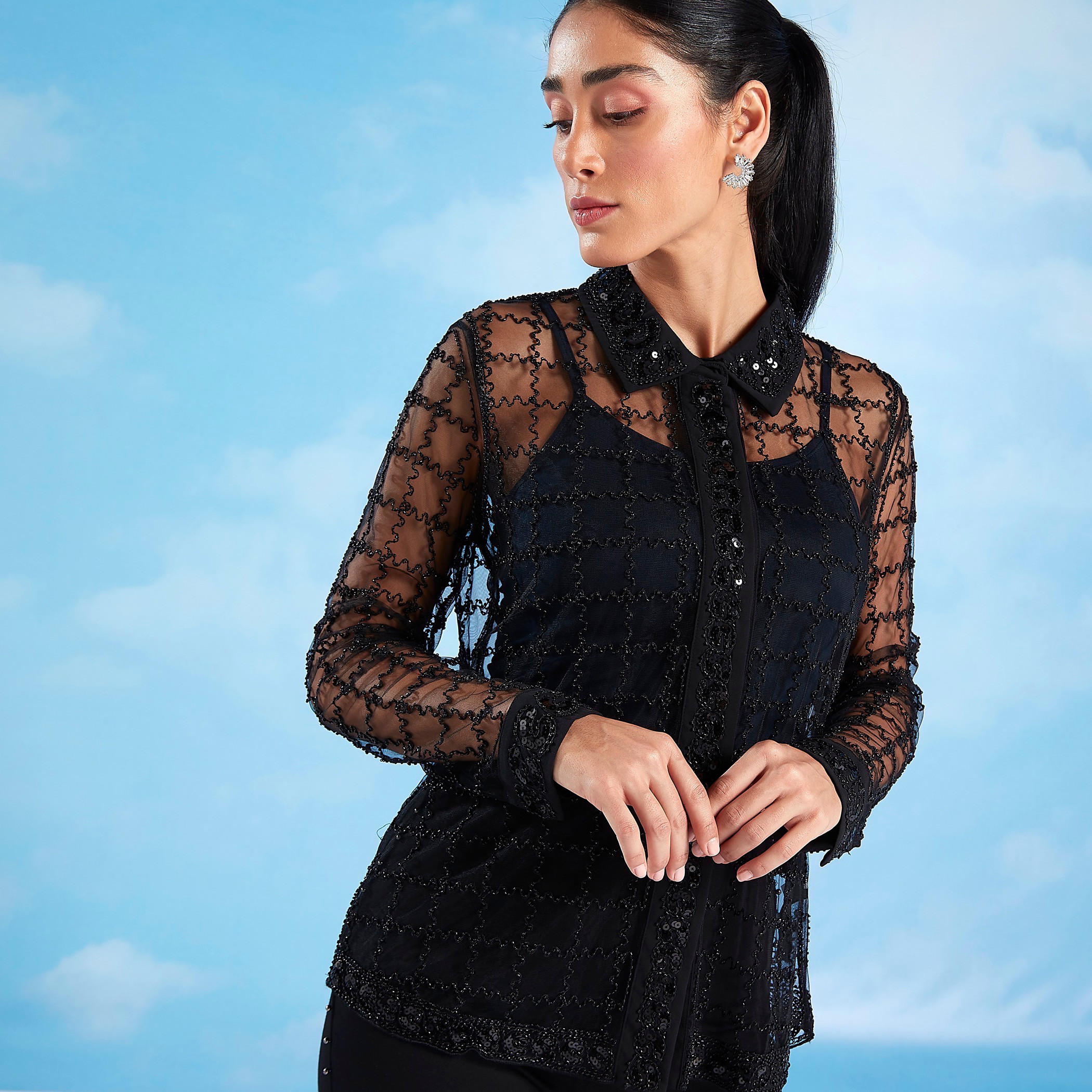 بلوزة شفافة مزخرفة بأكمام طويلة من تو إكستريمز-women-clothing-shirtsandblouses-blouses-image-1