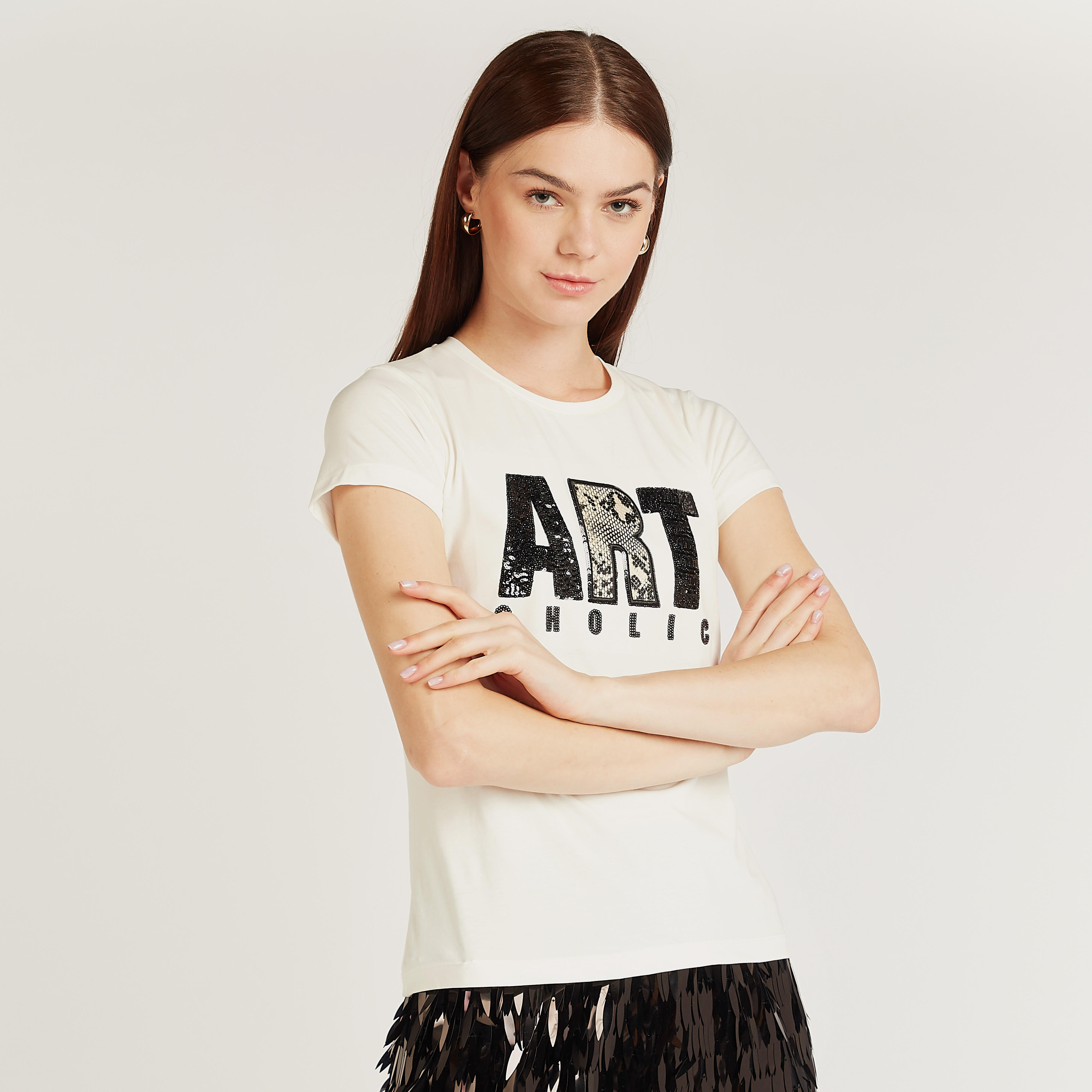 Embellished T-shirt with Crew Neck and Short Sleeves-women-clothing-tshirts-image-1