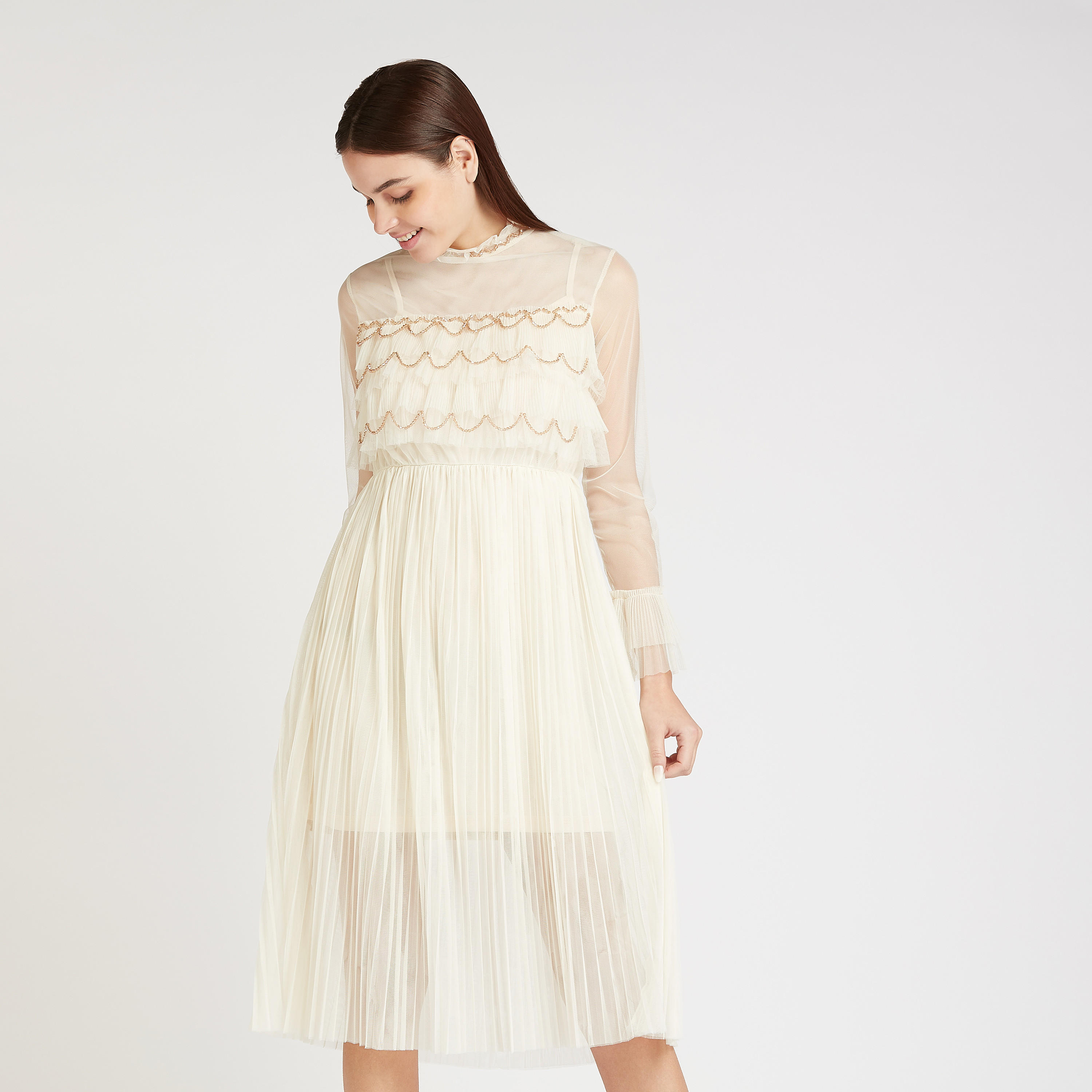 فستان ميدي ايه لاين مزيّن بتفاصيل كشكشة بأكمام طويلة-women-clothing-dresses-image-1