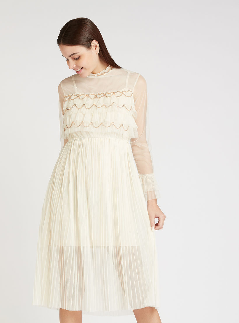 فستان ميدي ايه لاين مزيّن بتفاصيل كشكشة بأكمام طويلة-women-clothing-dresses-image-1