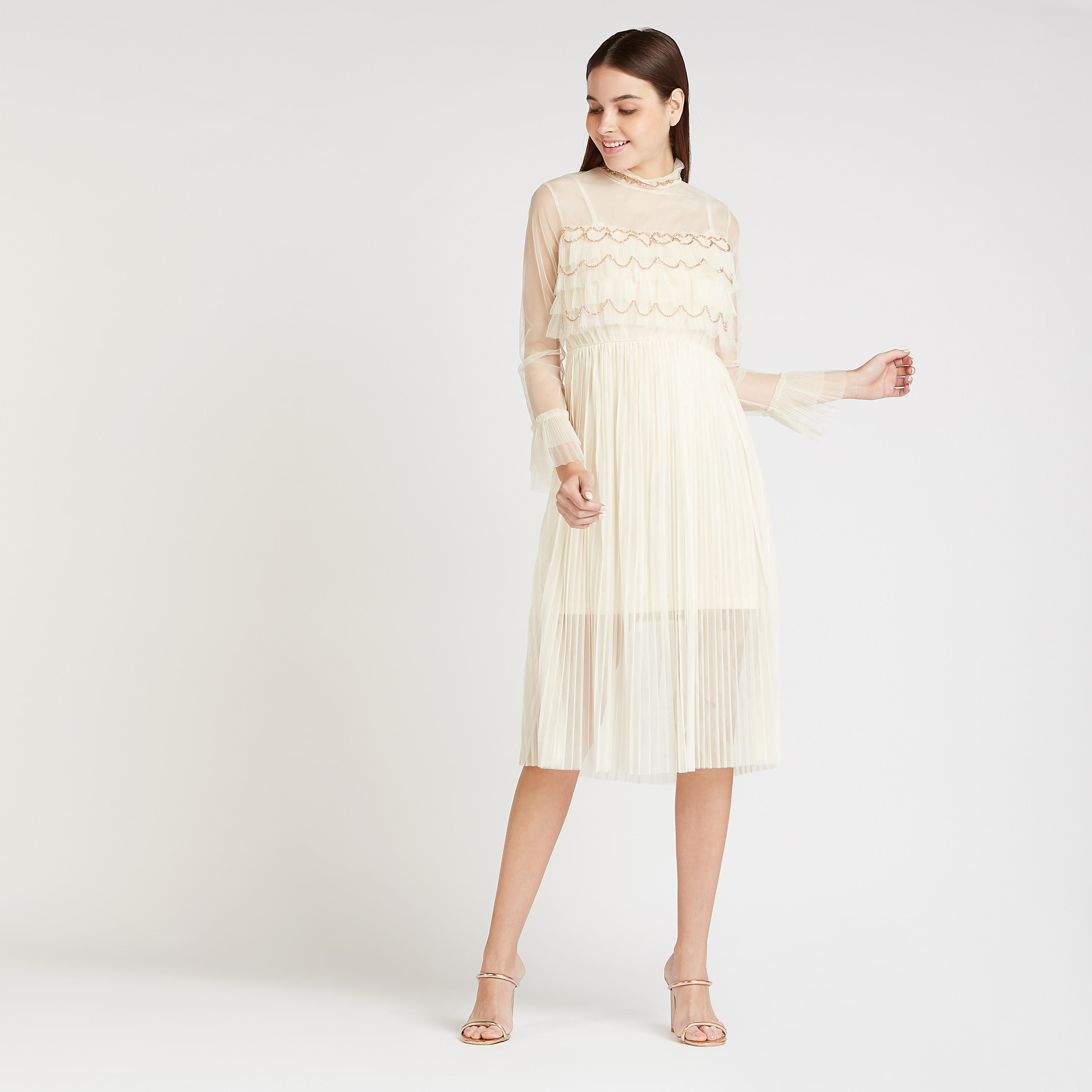 فستان ميدي ايه لاين مزيّن بتفاصيل كشكشة بأكمام طويلة-women-clothing-dresses-image-2