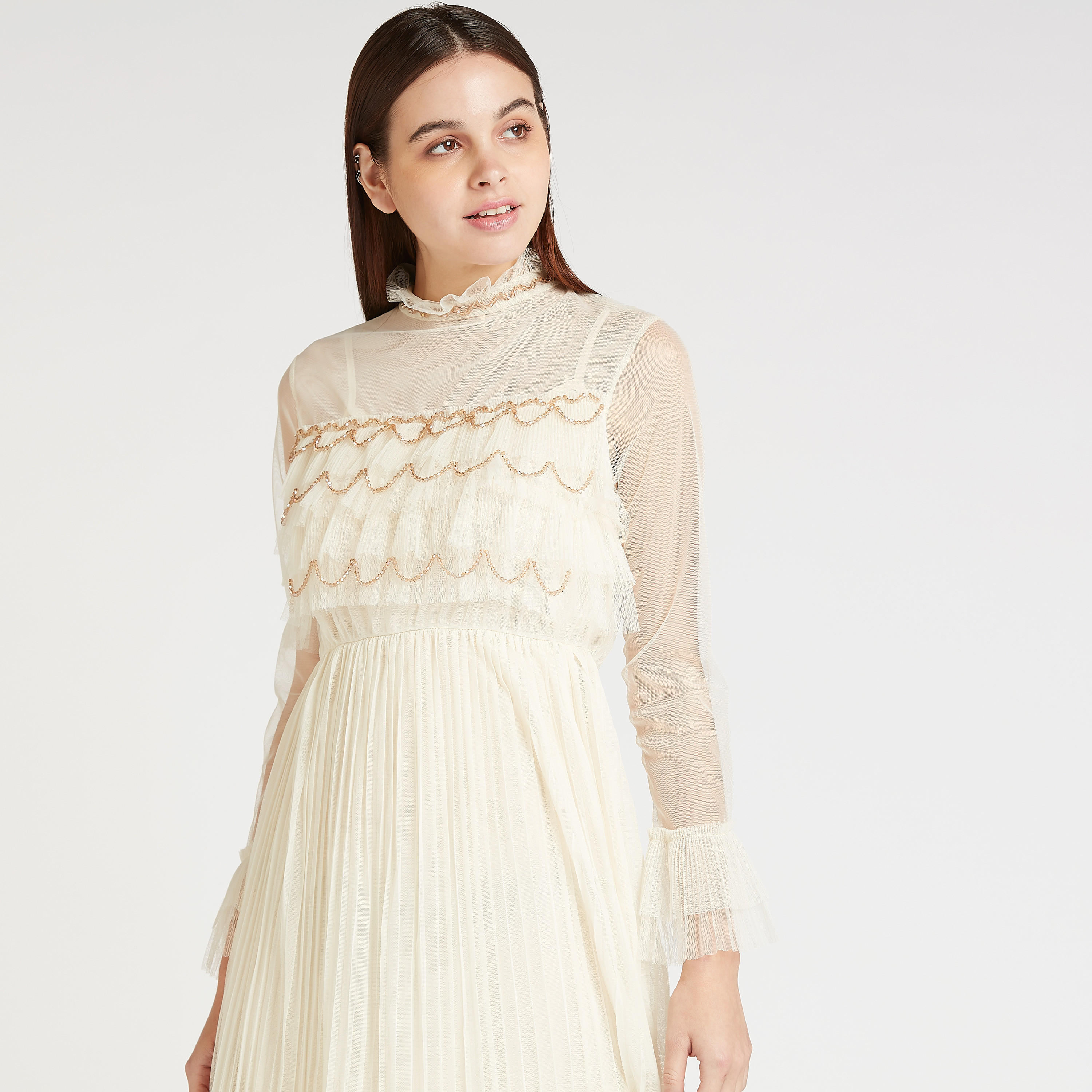 فستان ميدي ايه لاين مزيّن بتفاصيل كشكشة بأكمام طويلة-women-clothing-dresses-image-3