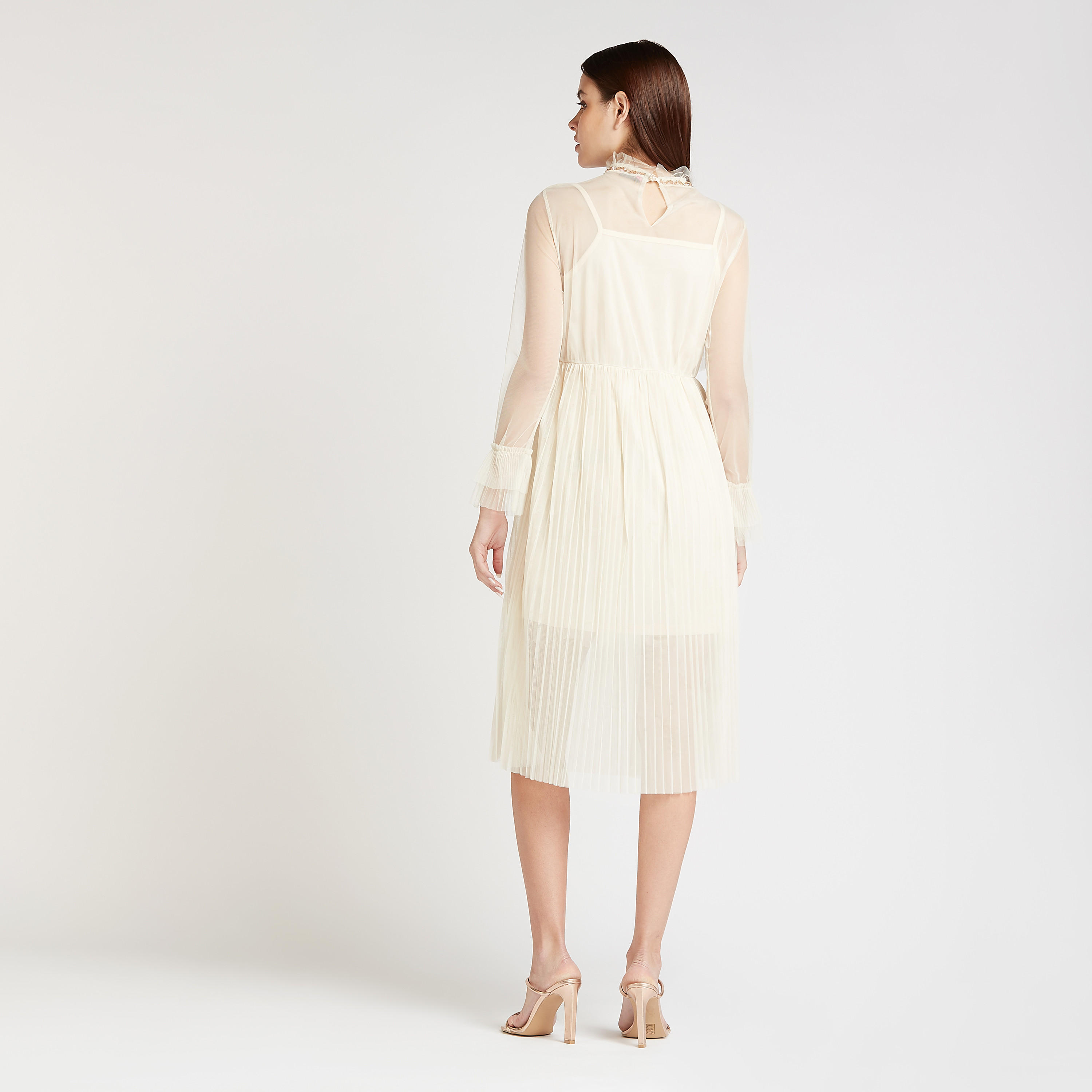 فستان ميدي ايه لاين مزيّن بتفاصيل كشكشة بأكمام طويلة-women-clothing-dresses-image-4