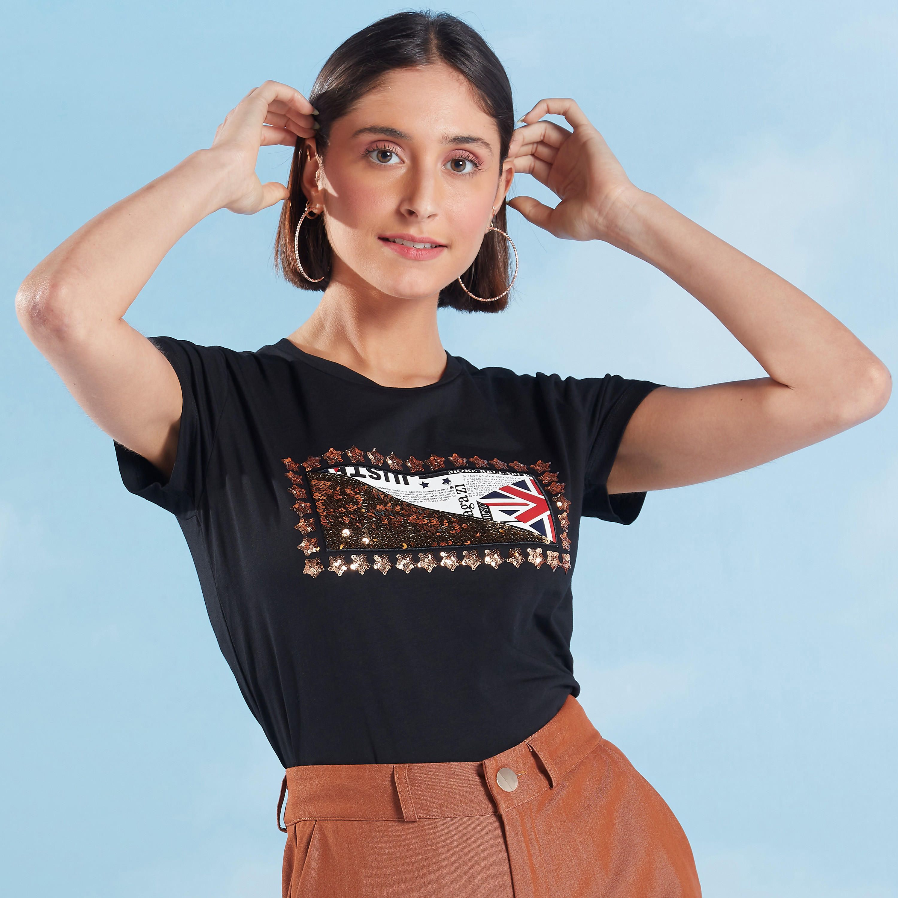 Sequin Detail T-shirt with Crew Neck and Cap Sleeves-women-clothing-tshirts-image-1