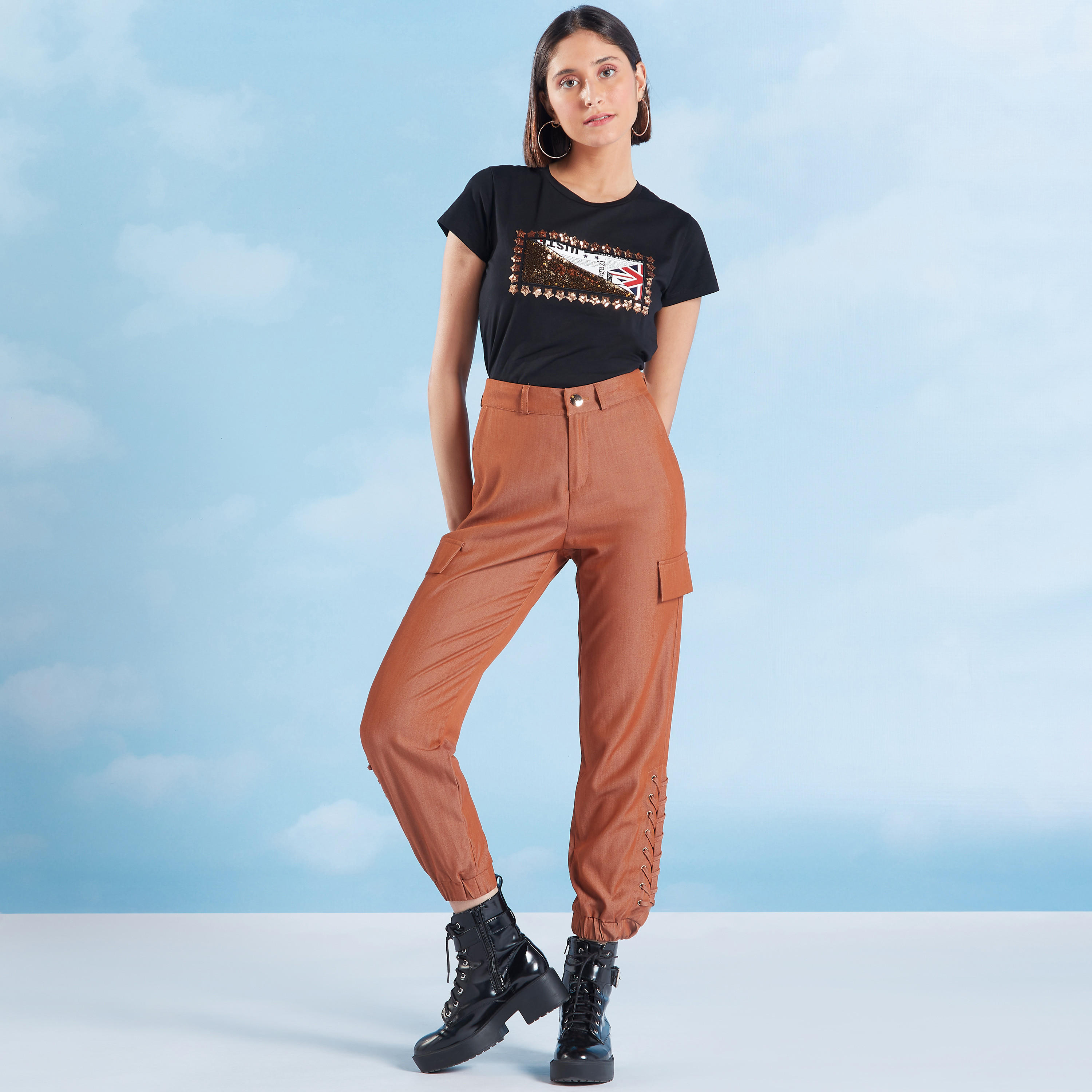 Sequin Detail T-shirt with Crew Neck and Cap Sleeves-women-clothing-tshirts-image-2