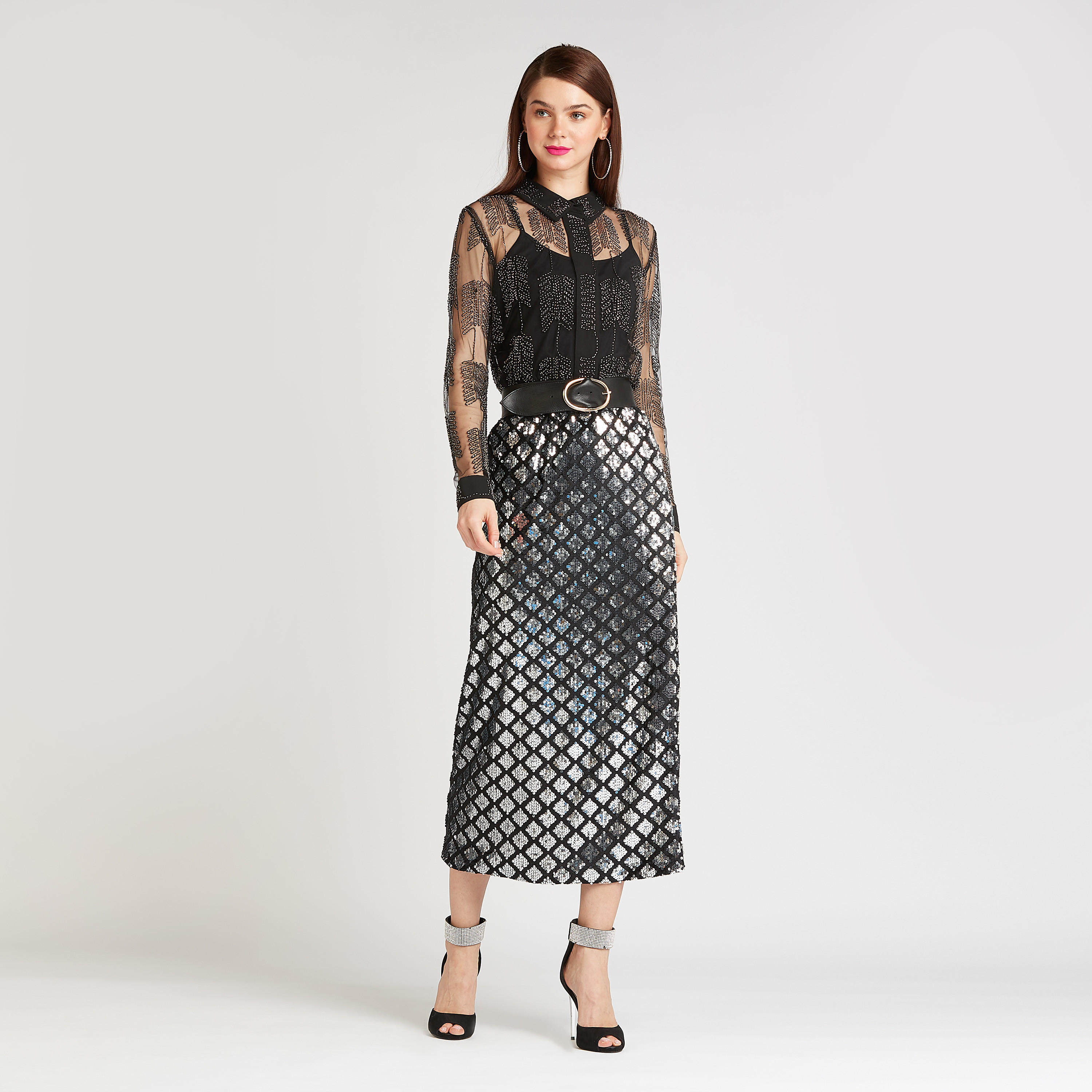 تنورة ميدي ايه لاين بخصر مطاطي وتفاصيل ترتر-women-clothing-bottoms-skirts-image-2