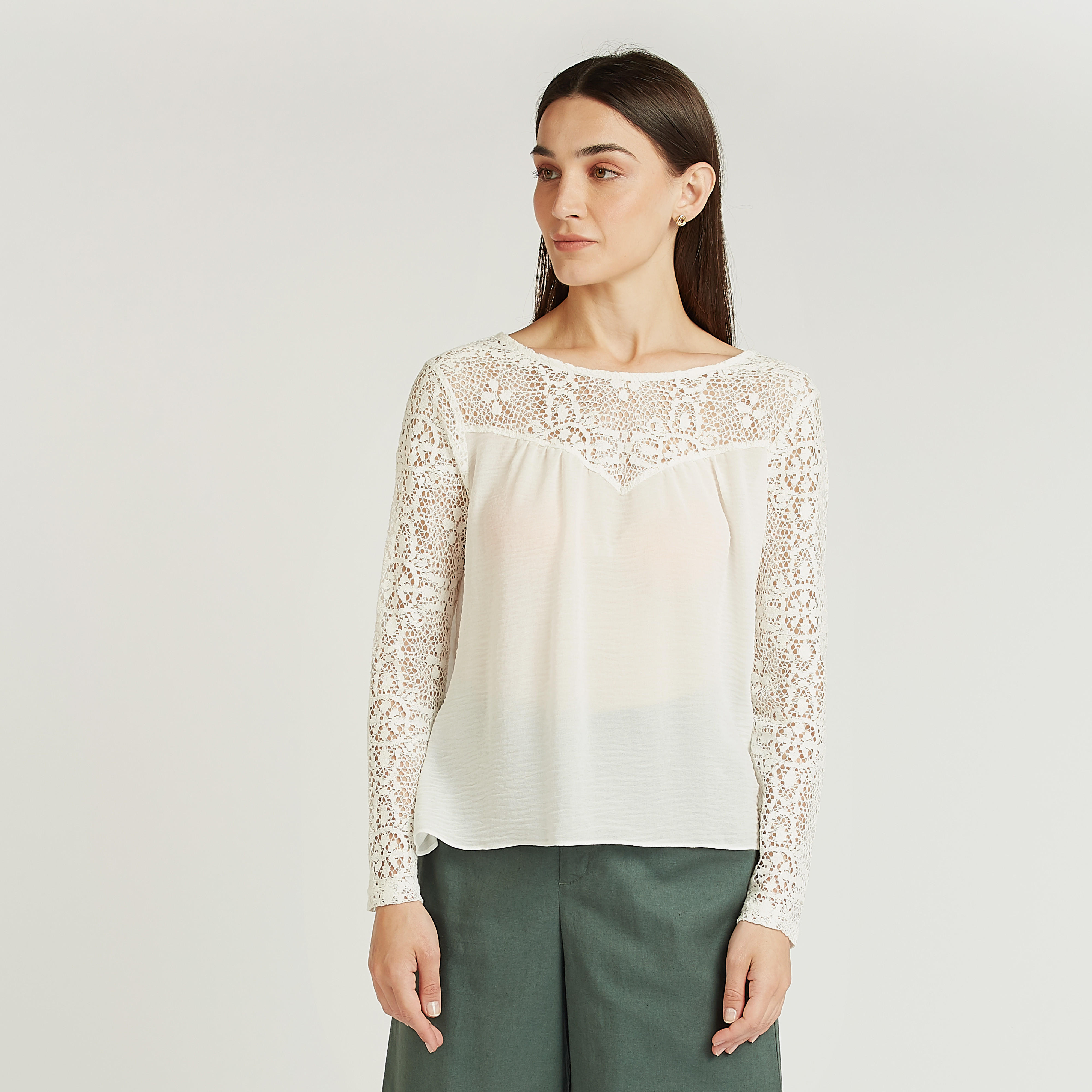 بلوزة دانتيل بياقة مستديرة وأكمام طويلة-women-clothing-shirtsandblouses-blouses-image-1