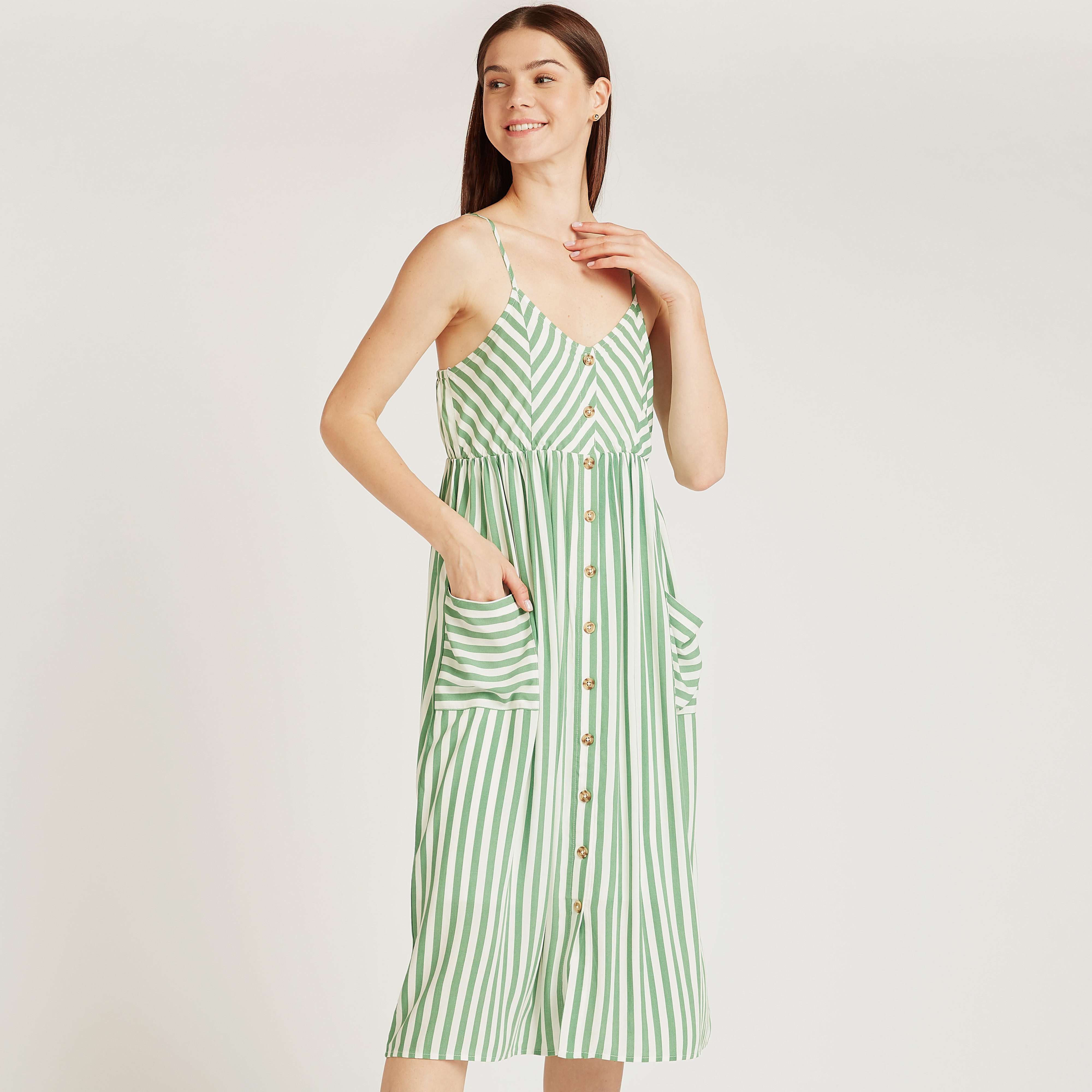 فستان ميدي إيه لاين مقلّم بحمّالات رفيعة وجيوب-women-clothing-dresses-image-1