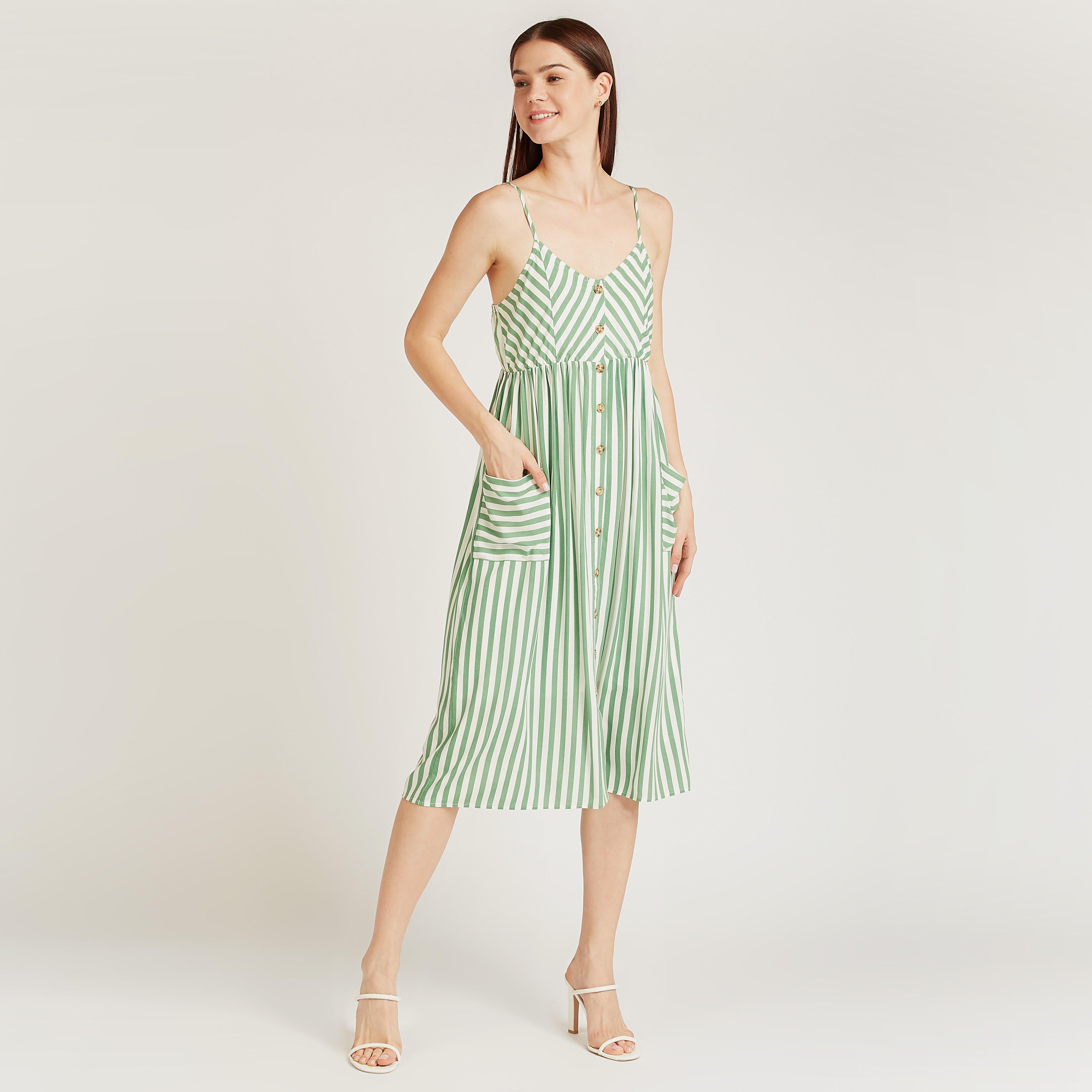 فستان ميدي إيه لاين مقلّم بحمّالات رفيعة وجيوب-women-clothing-dresses-image-2