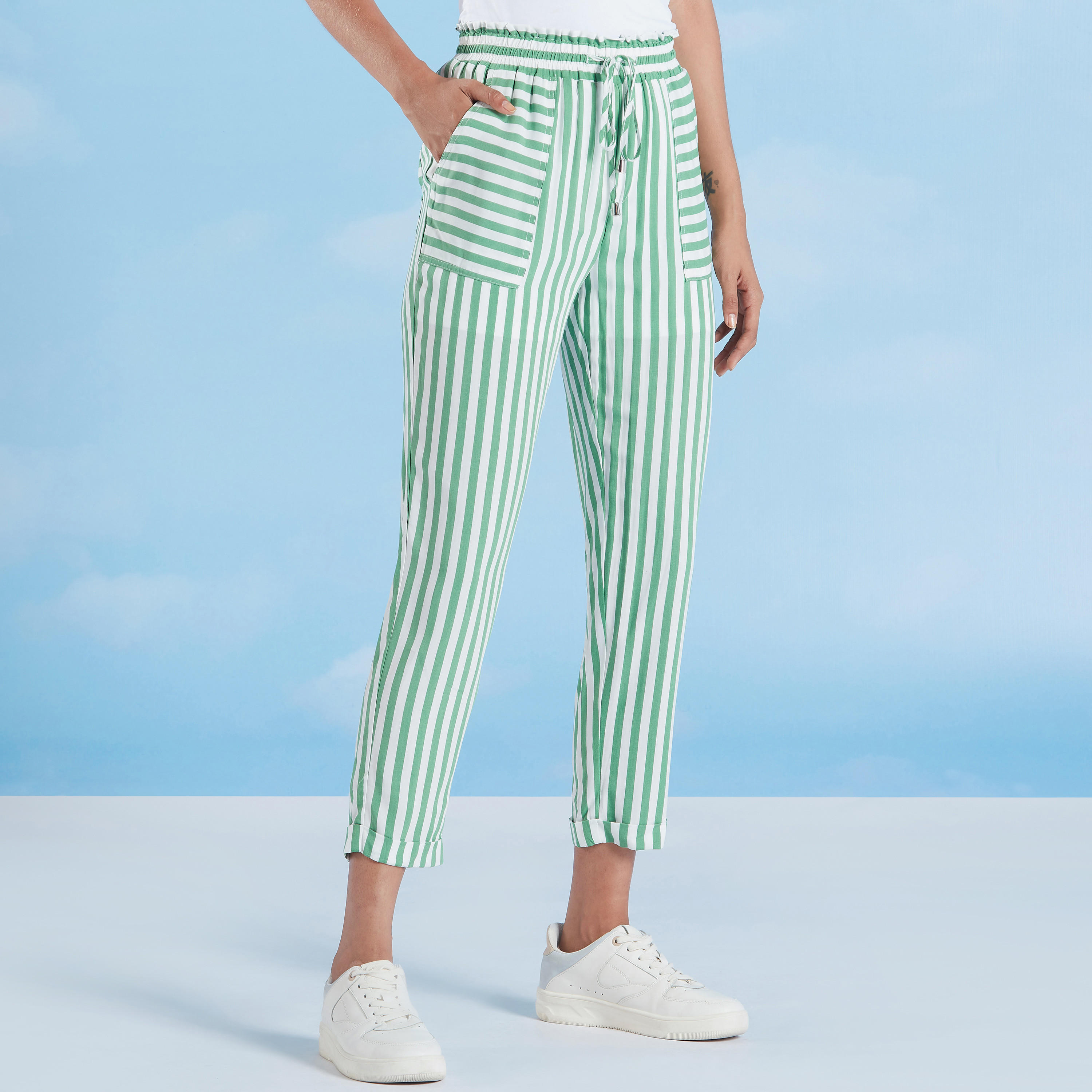 Striped Cropped Trosuers with Pocket Detail and Drawstring-women-clothing-bottoms-trousers-image-1