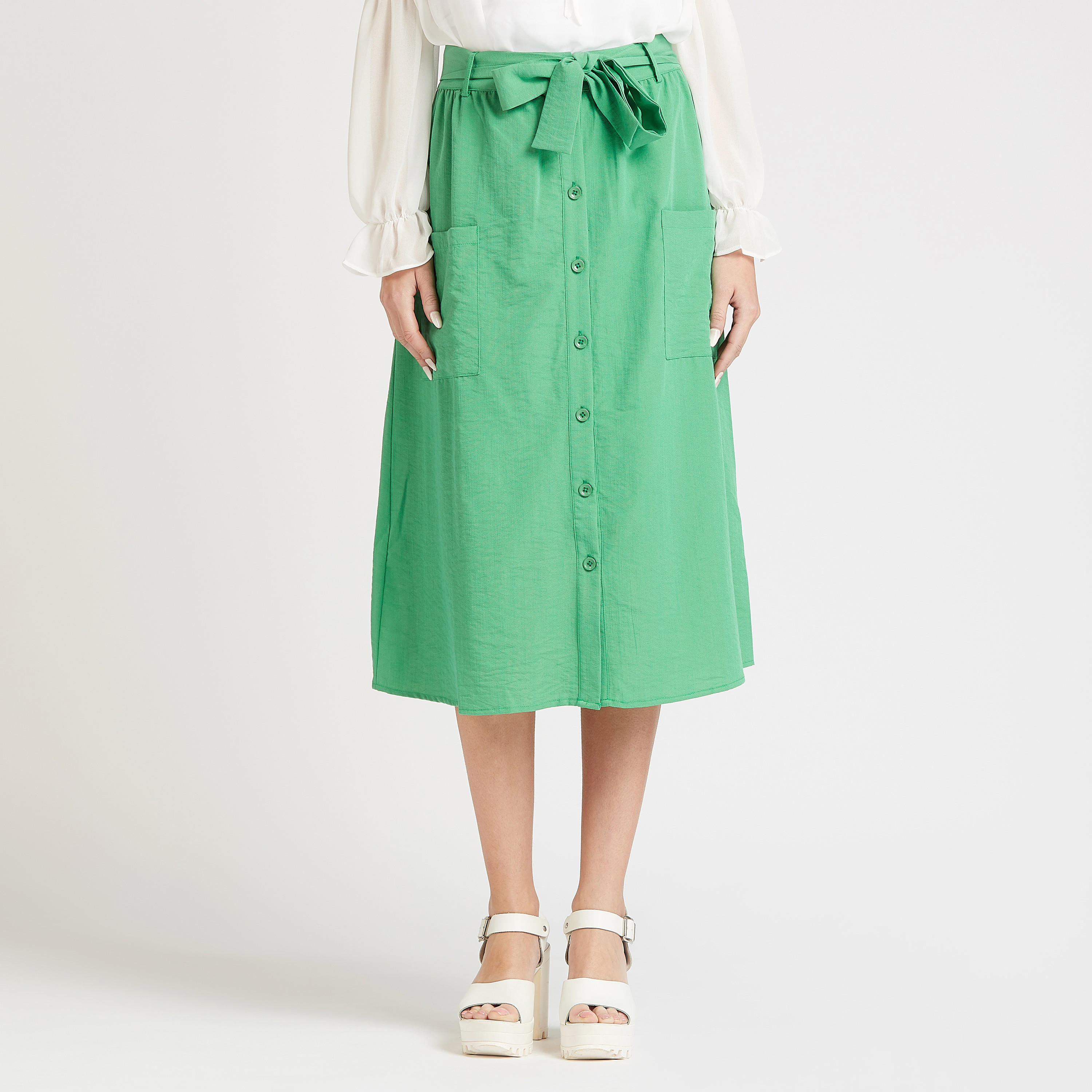 تنّورة ميدي ايه لاين بارزة الملمس بتفاصيل جيوب وأربطة-women-clothing-bottoms-skirts-image-1