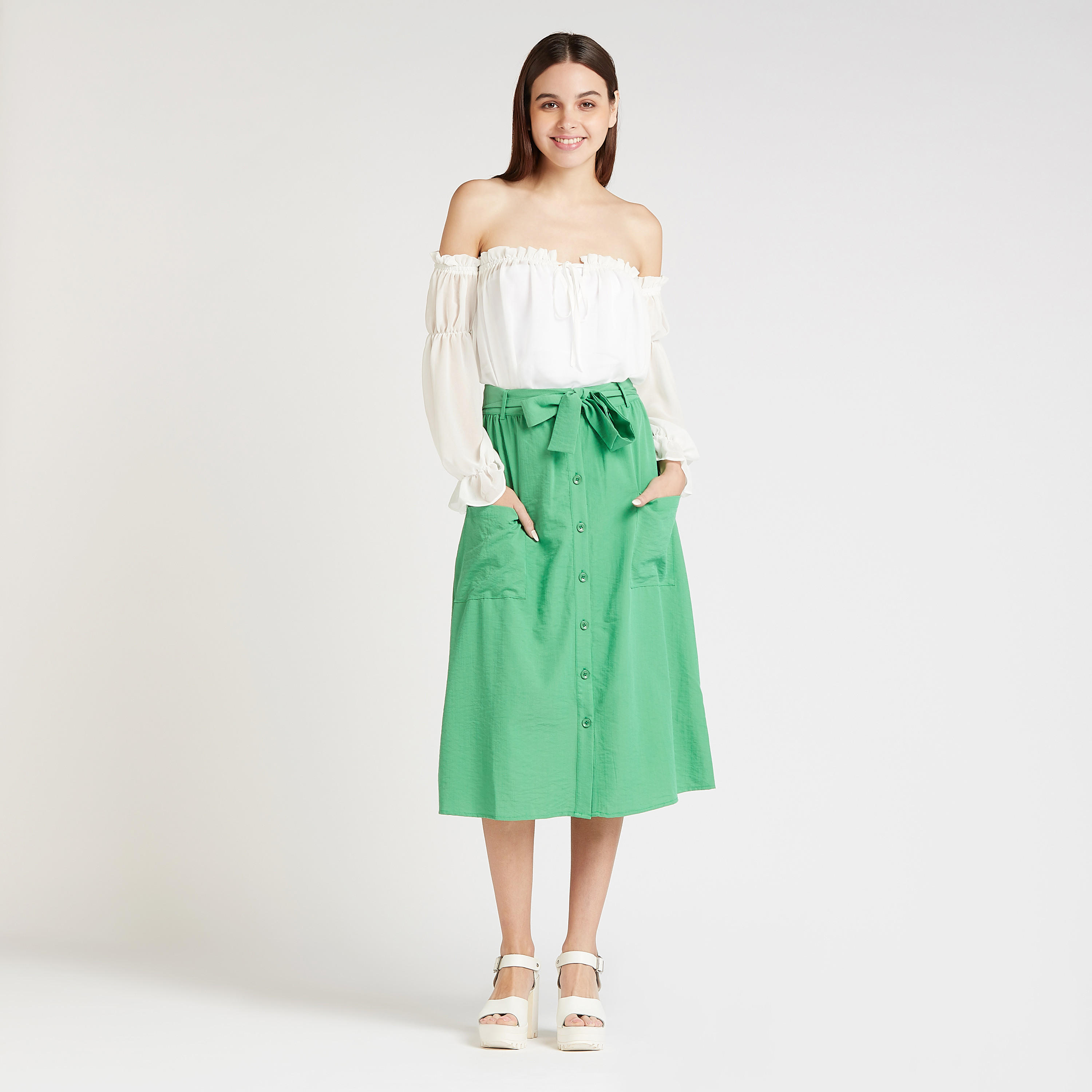 تنّورة ميدي ايه لاين بارزة الملمس بتفاصيل جيوب وأربطة-women-clothing-bottoms-skirts-image-2