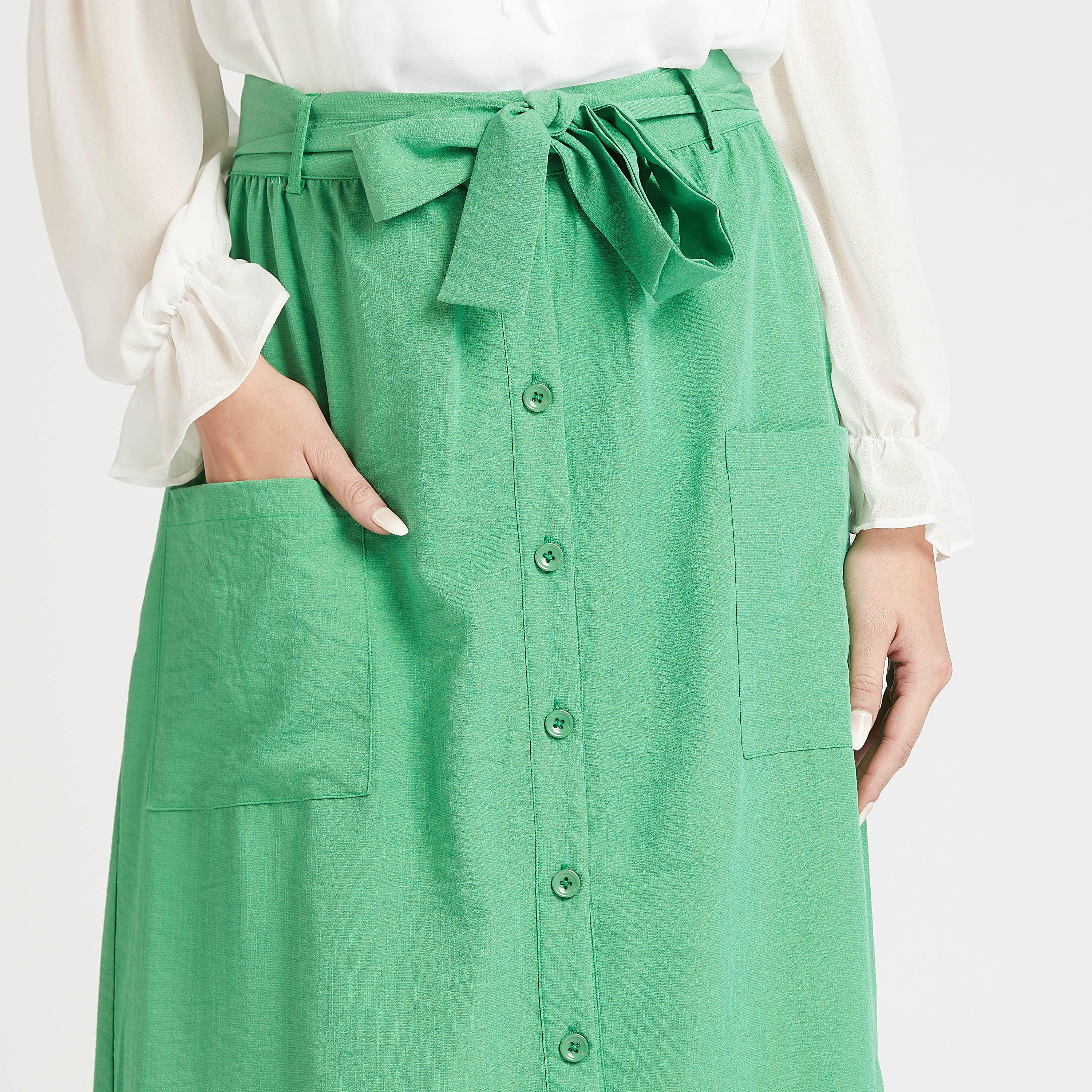 تنّورة ميدي ايه لاين بارزة الملمس بتفاصيل جيوب وأربطة-women-clothing-bottoms-skirts-image-3