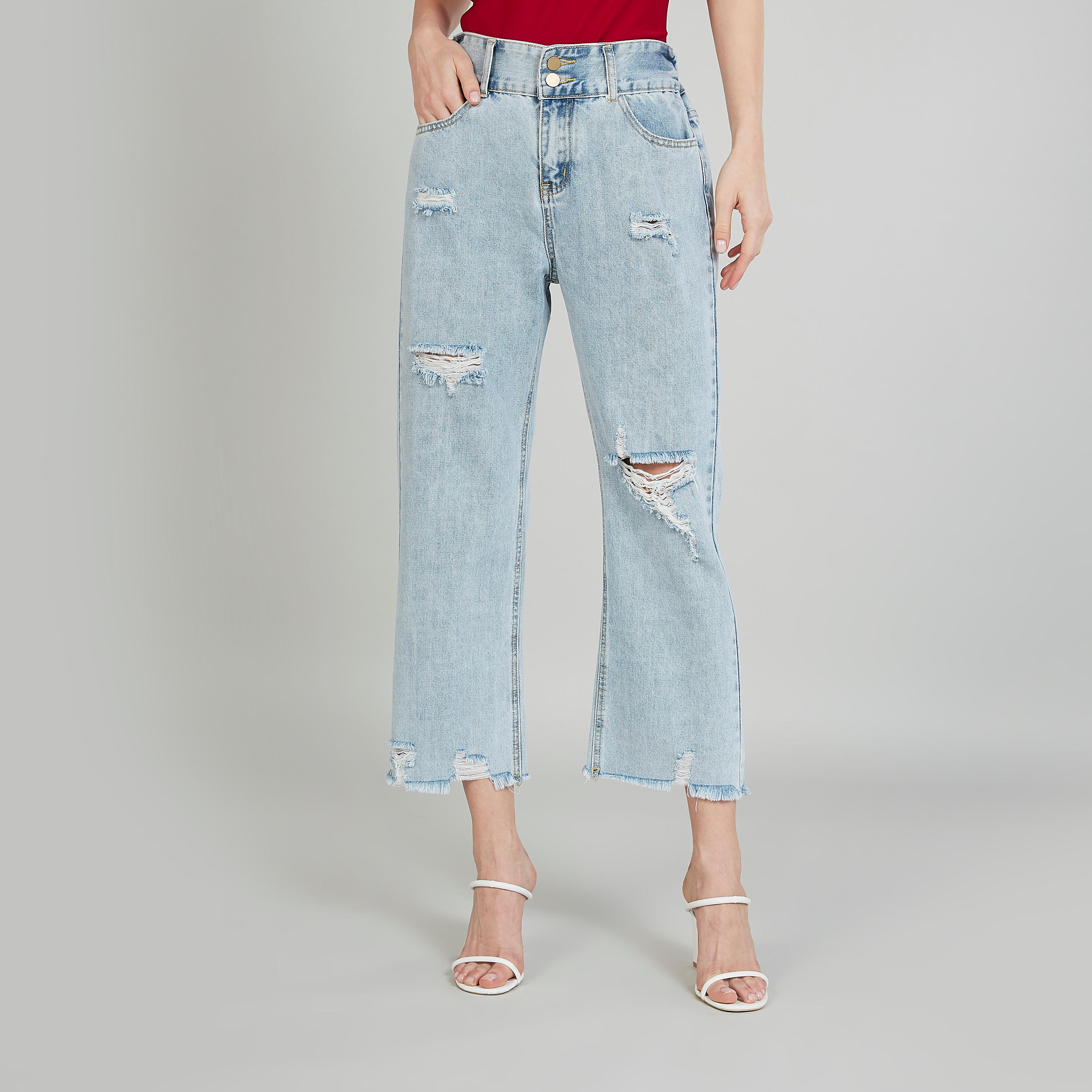 بنطلون جينز ممزّق بخصر متوسّط الإرتفاع وتفاصيل جيوب-women-clothing-bottoms-jeans-image-1