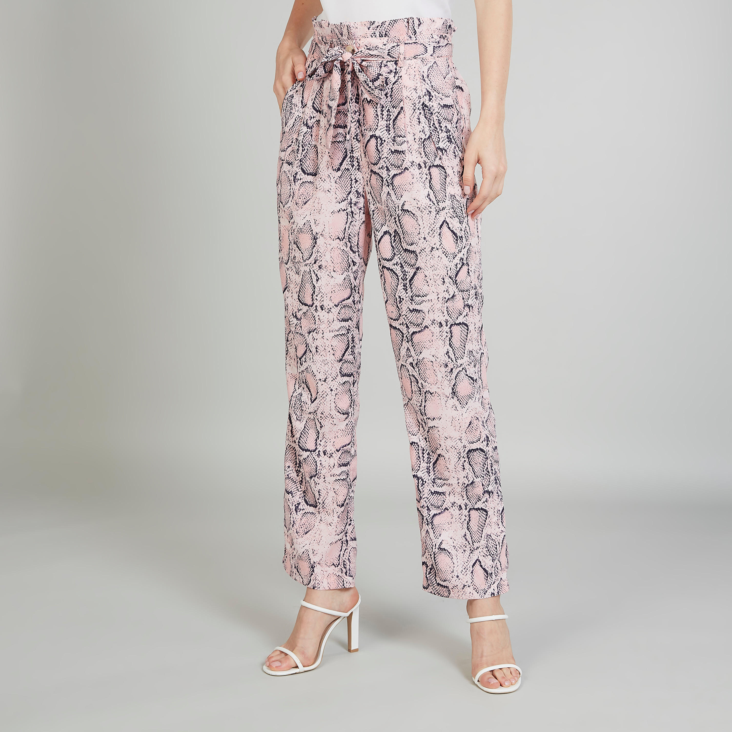 بنطلون بخصر بيبرباج متوسط الارتفاع وتفاصيل جيوب وطبعات حيوان-women-clothing-bottoms-trousers-image-1