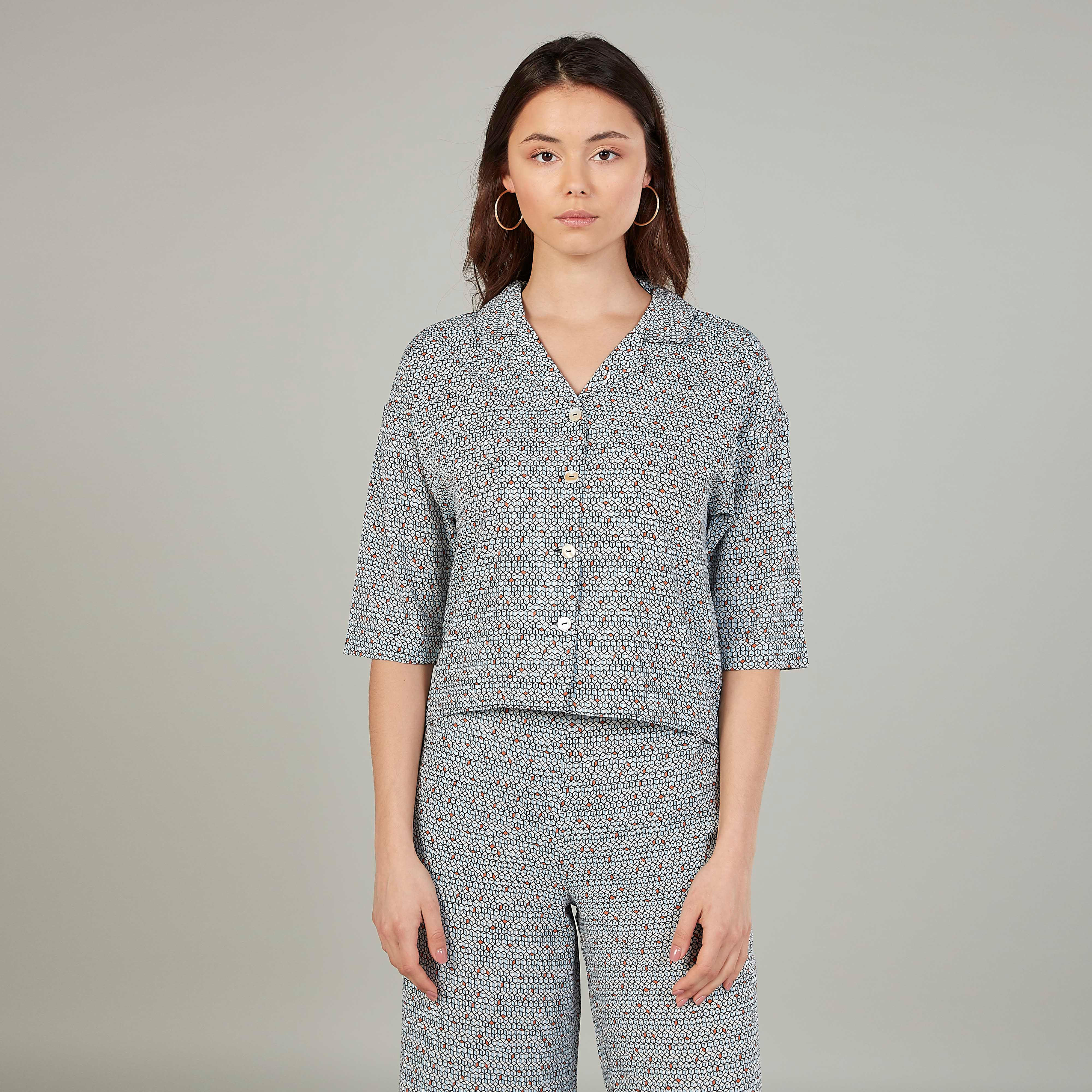 Printed Top with Spread Collar and 3/4 Sleeves-women-clothing-shirtsandblouses-blouses-image-1