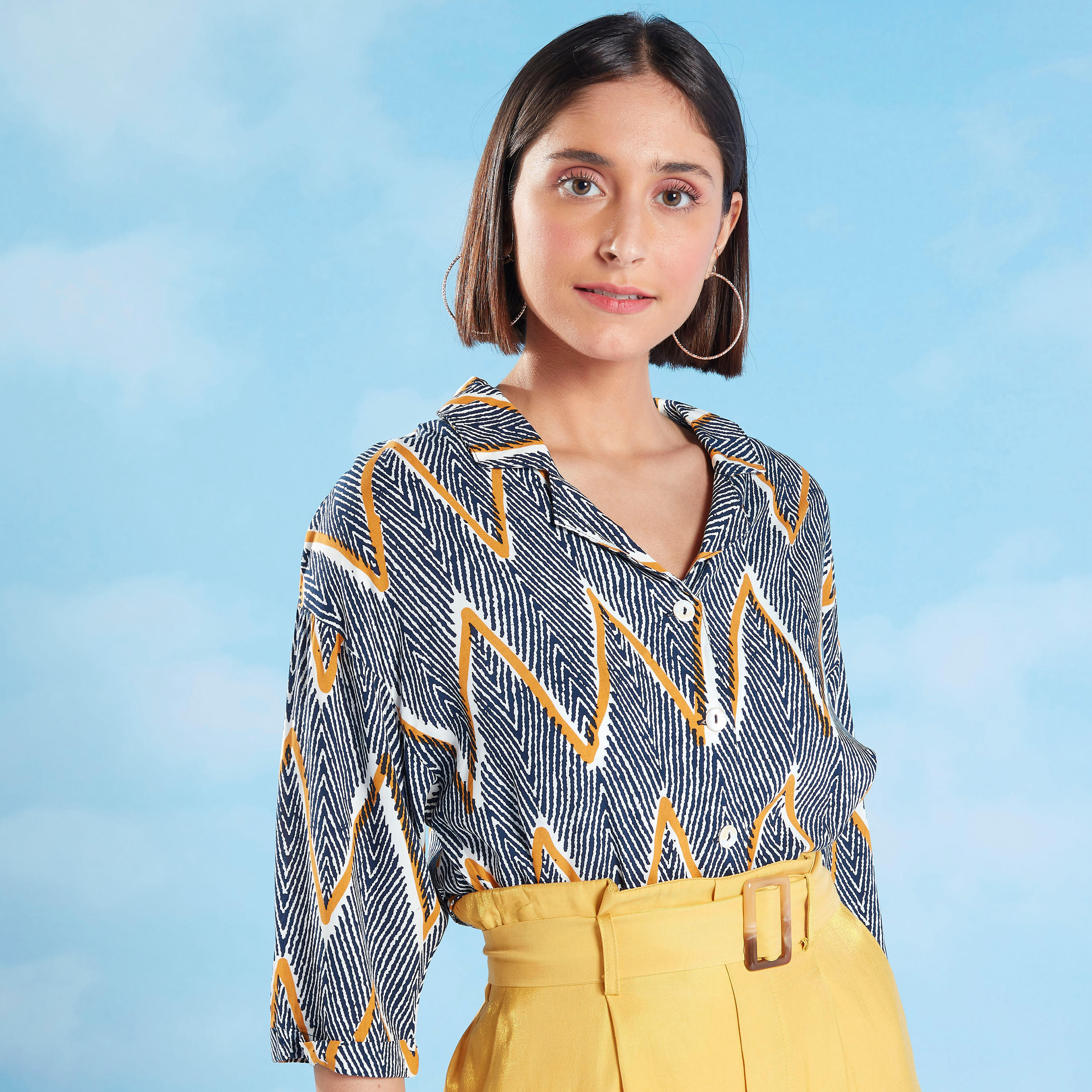 Printed Top with Spread Collar and Short Sleeves-women-clothing-shirtsandblouses-blouses-image-1