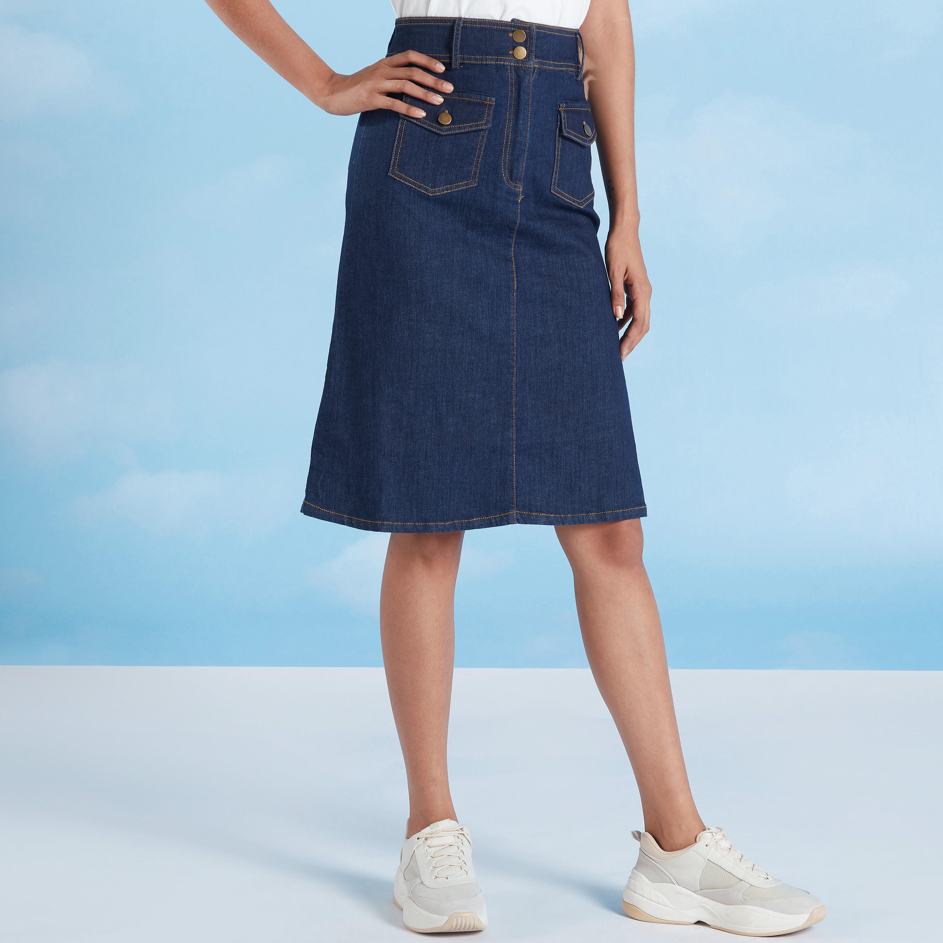 تنورة ميدي إيه لاين بارزة الملمس بجيوب بطيّة وعراوي-women-clothing-bottoms-skirts-image-1