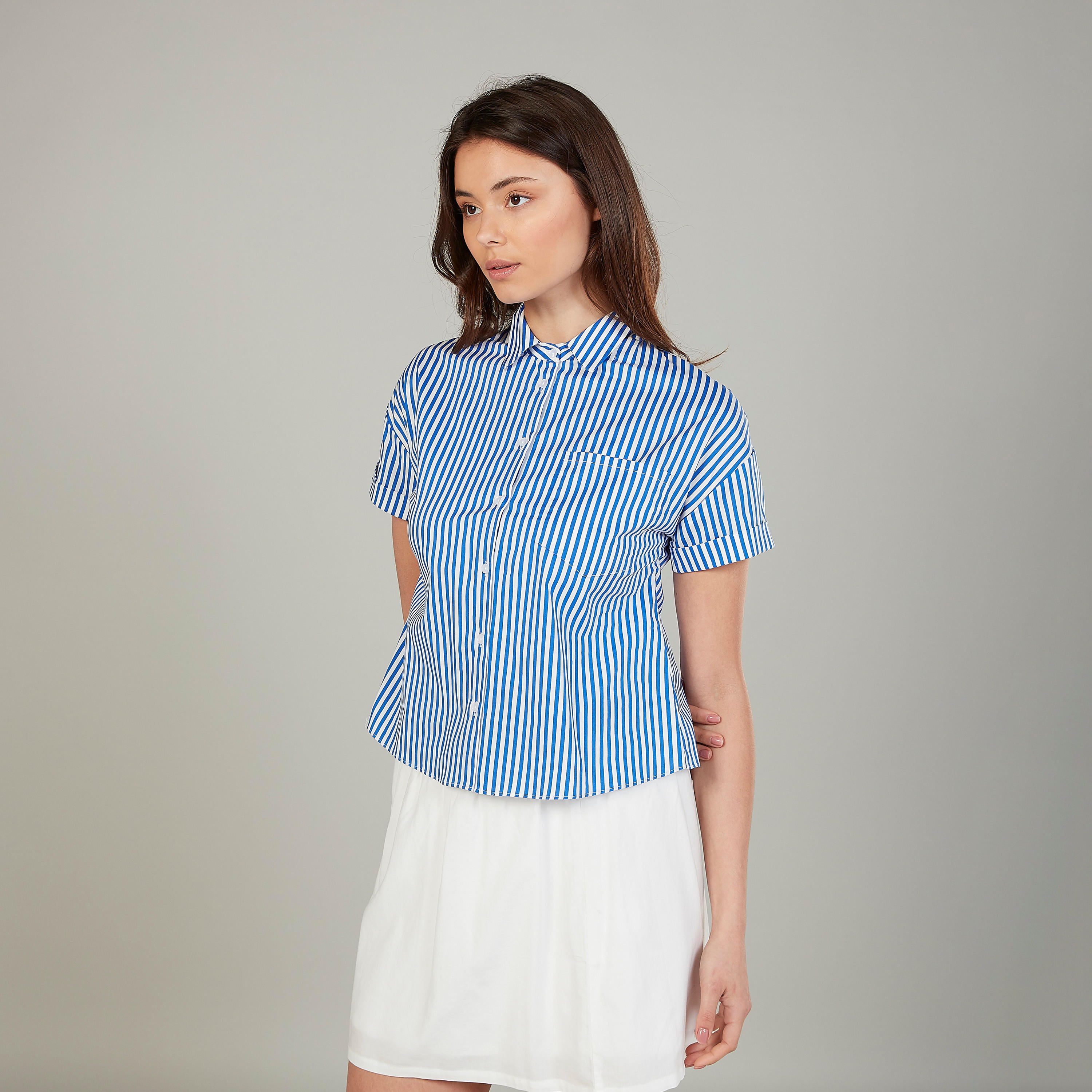 Striped Shirt with Spread Collar and Short Sleeves-women-clothing-shirtsandblouses-shirts-image-1