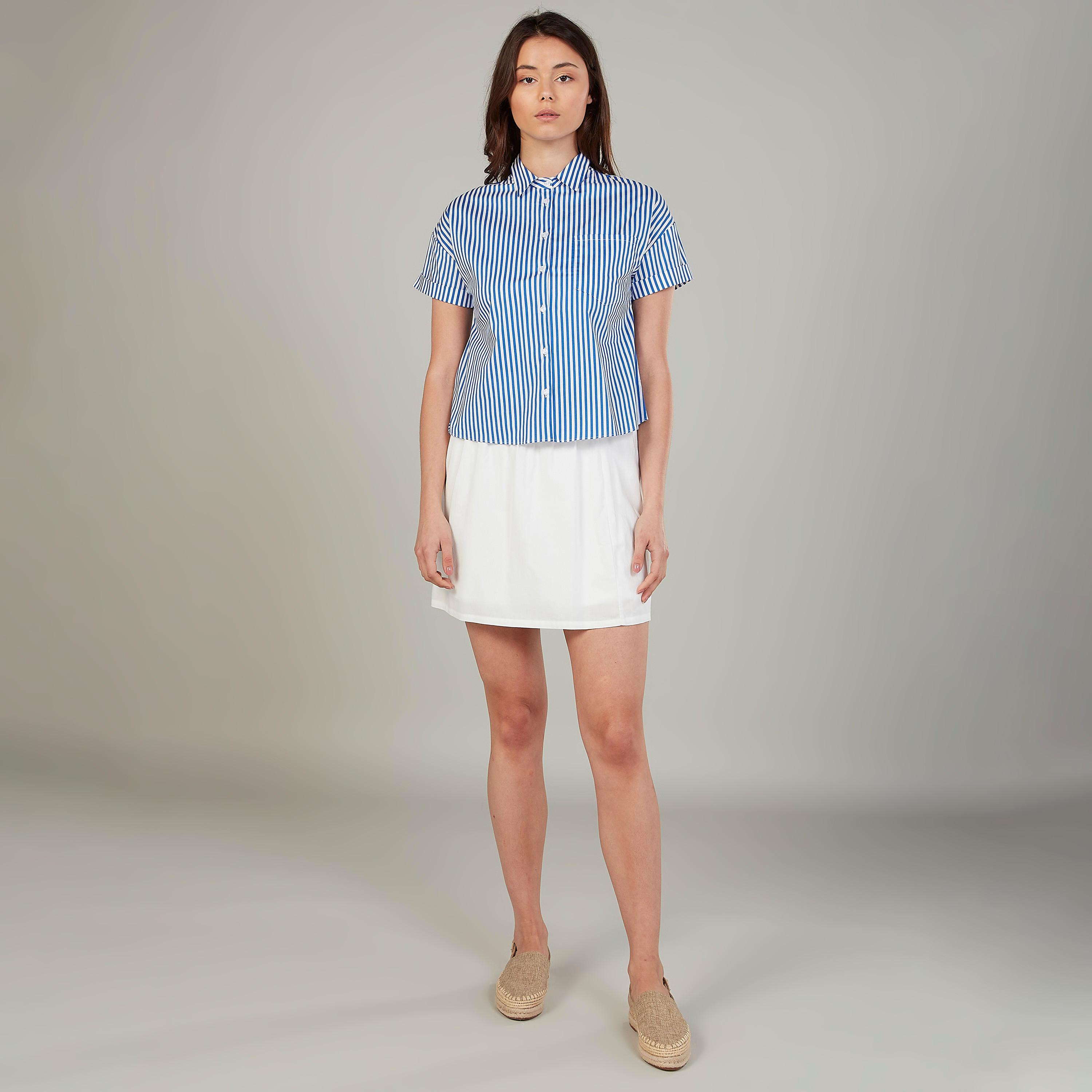 Striped Shirt with Spread Collar and Short Sleeves-women-clothing-shirtsandblouses-shirts-image-2