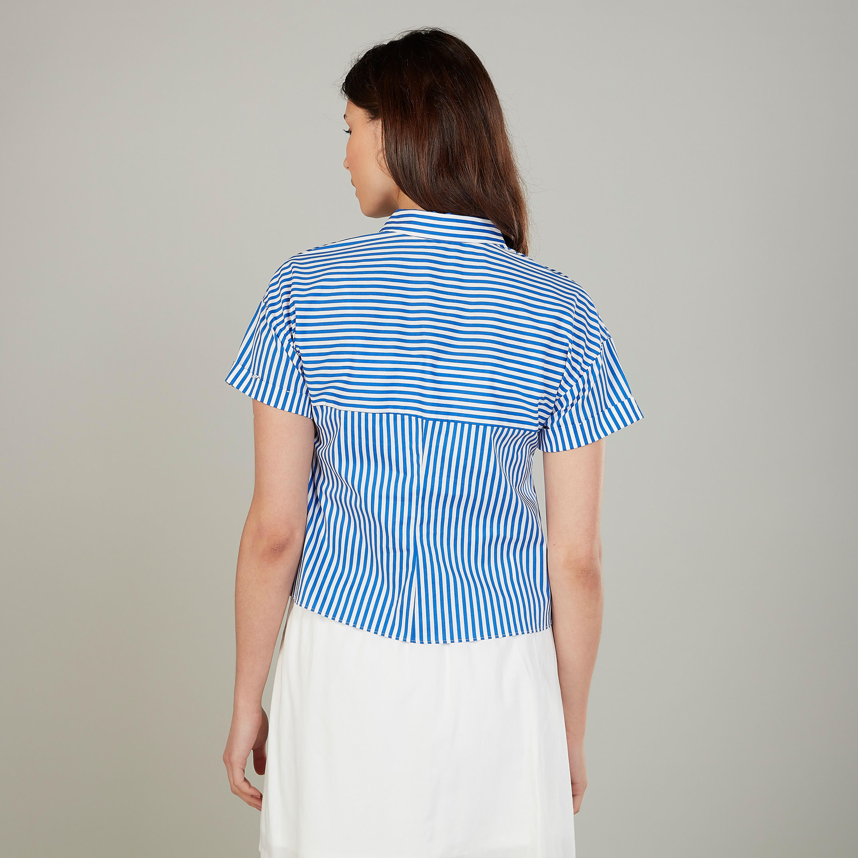 Striped Shirt with Spread Collar and Short Sleeves-women-clothing-shirtsandblouses-shirts-image-4