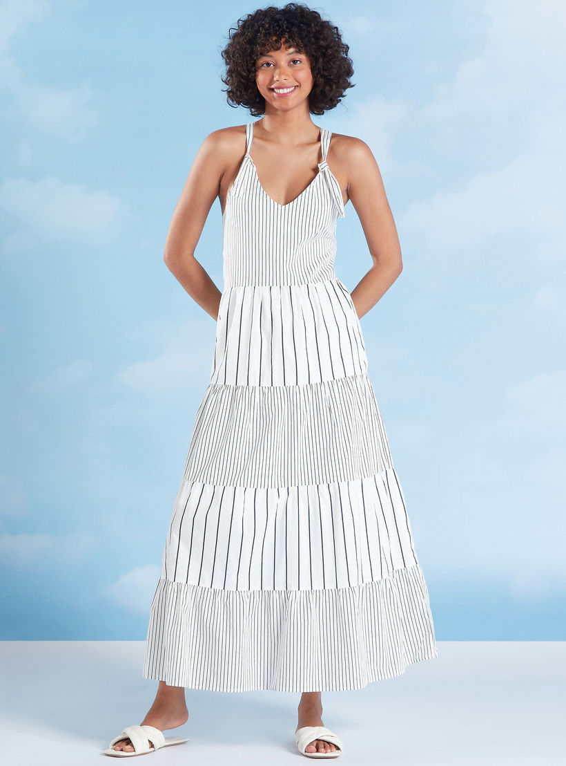 فستان إيه لاين ميدي مقلّم بياقة V وأربطة-women-clothing-dresses-image-1