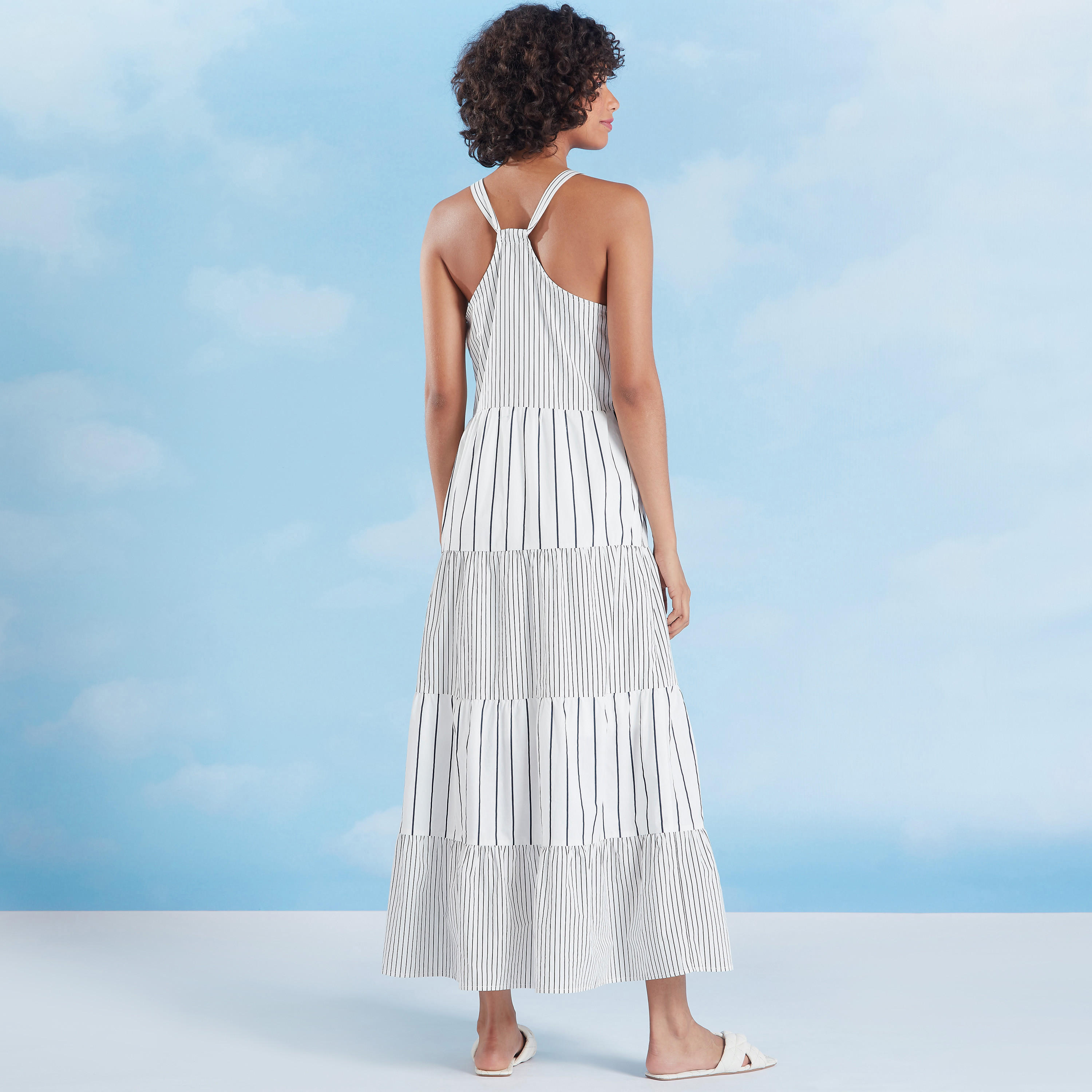 فستان إيه لاين ميدي مقلّم بياقة V وأربطة-women-clothing-dresses-image-4