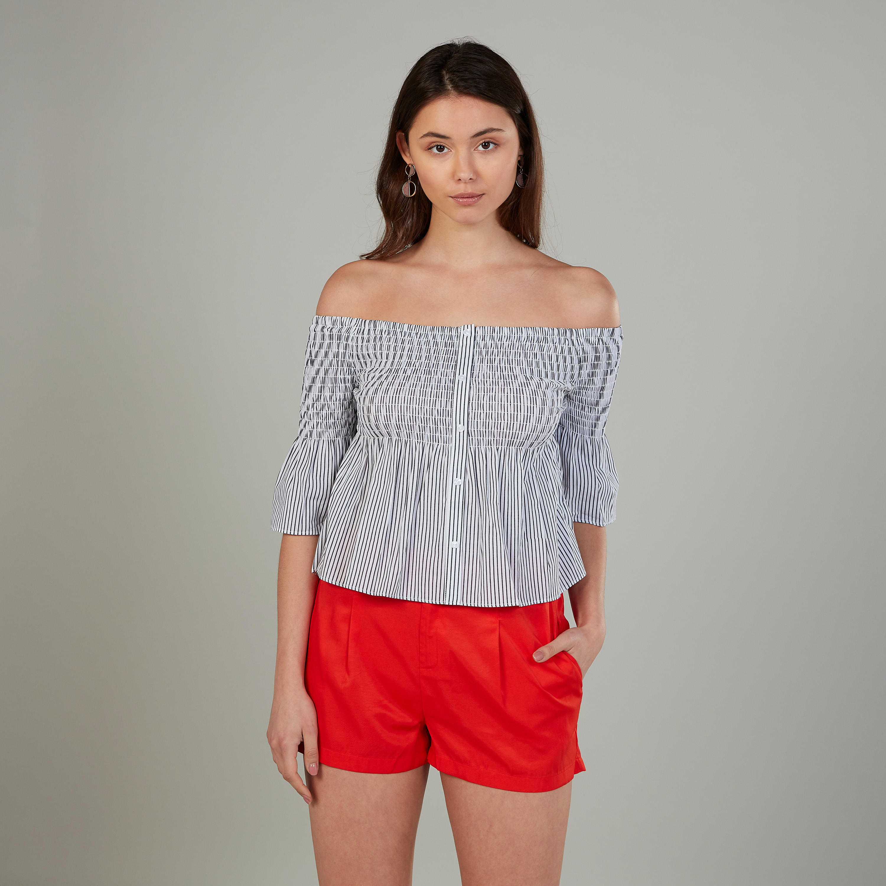 بلوزة مخططة بياقة مفتوحة بأكمام 3/4-women-clothing-shirtsandblouses-blouses-image-4