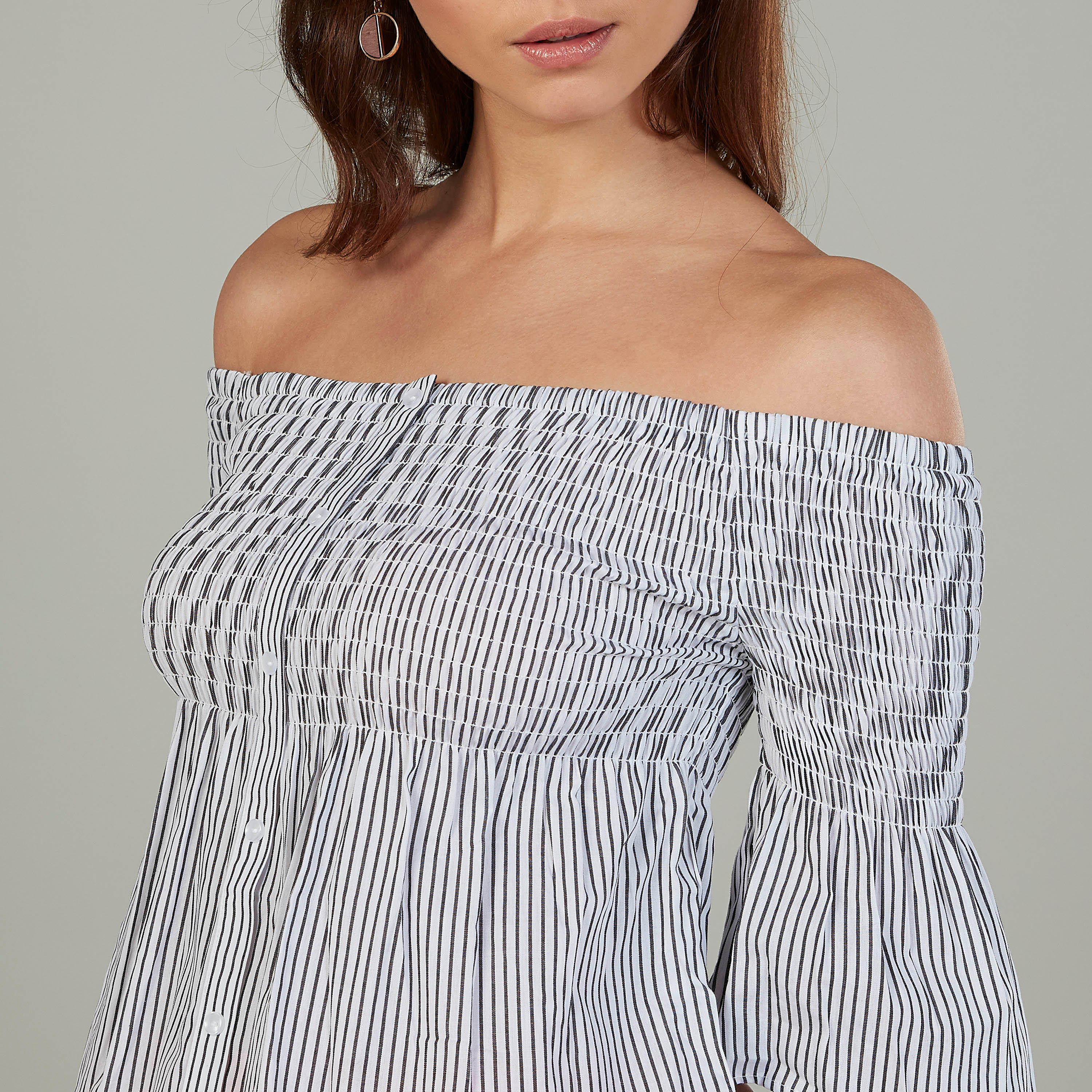بلوزة مخططة بياقة مفتوحة بأكمام 3/4-women-clothing-shirtsandblouses-blouses-image-2
