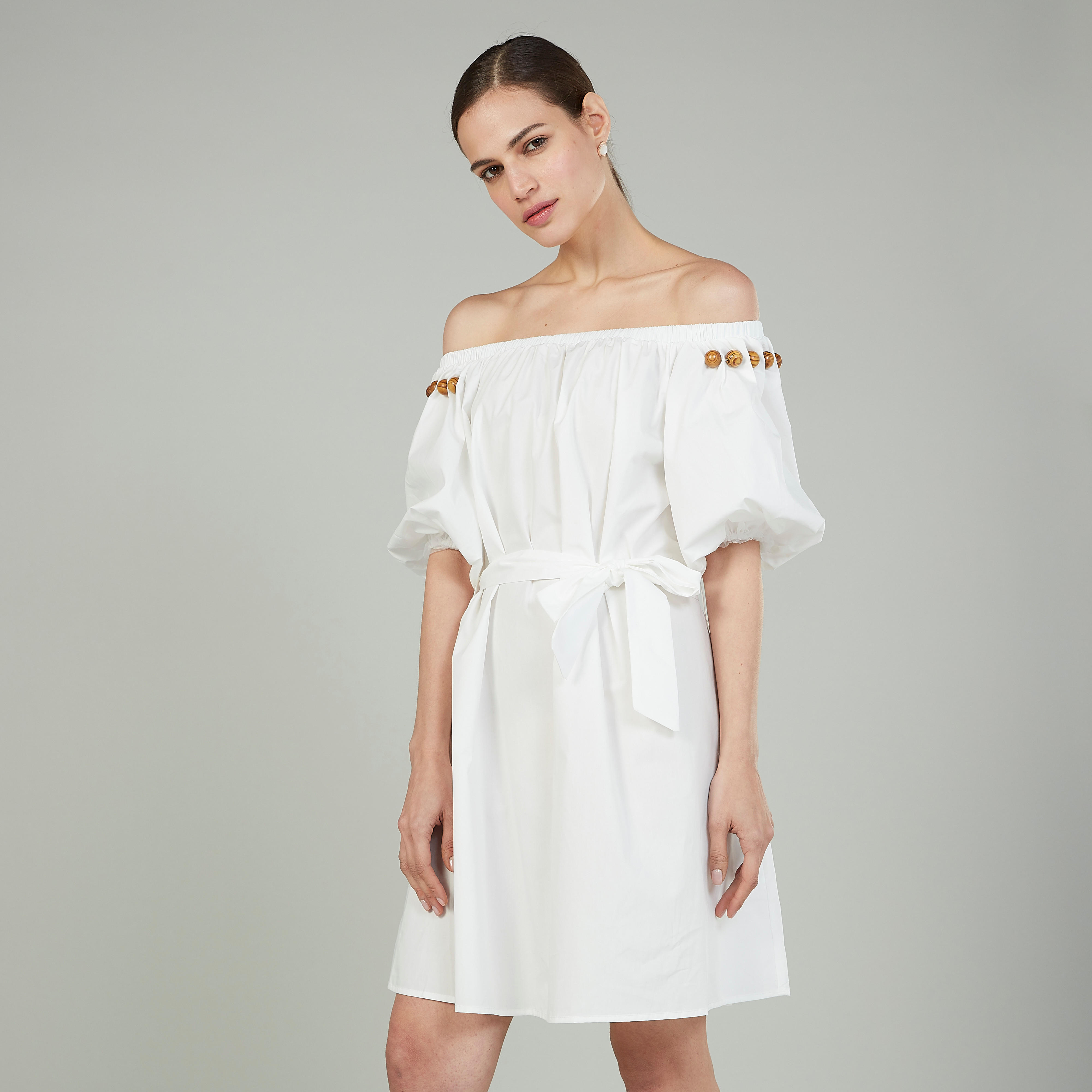 فستان قميص سادة إيه لاين متوسط الطول بتفاصيل خرز وأربطة-women-clothing-dresses-image-1