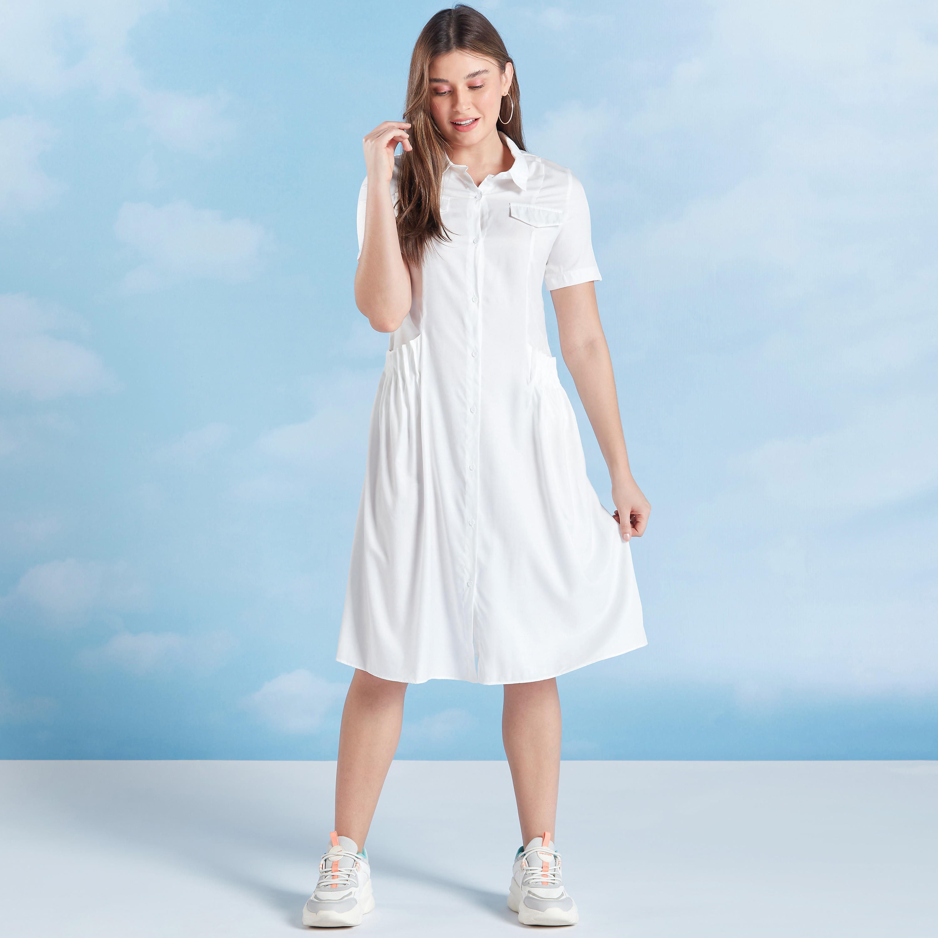 فستان متوسط الطول سادة بأكمام قصيرة وجيوب-women-clothing-dresses-image-1