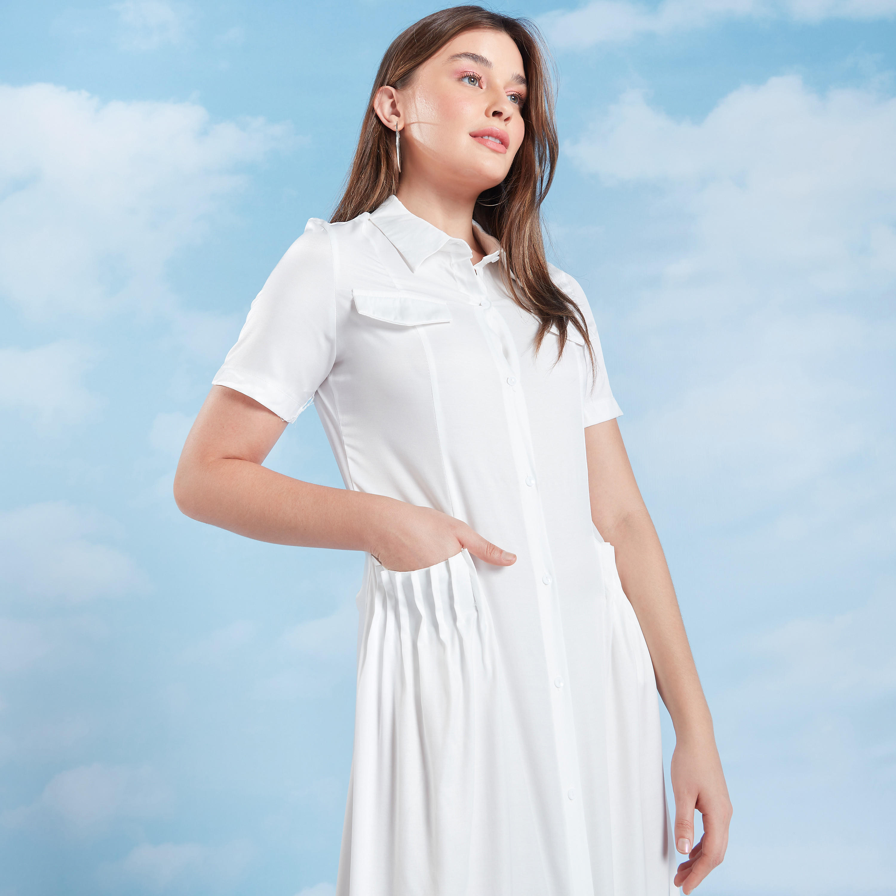 Plain Midi Shirt Dress with Short Sleeves and Pocket Detail-women-clothing-dresses-image-2
