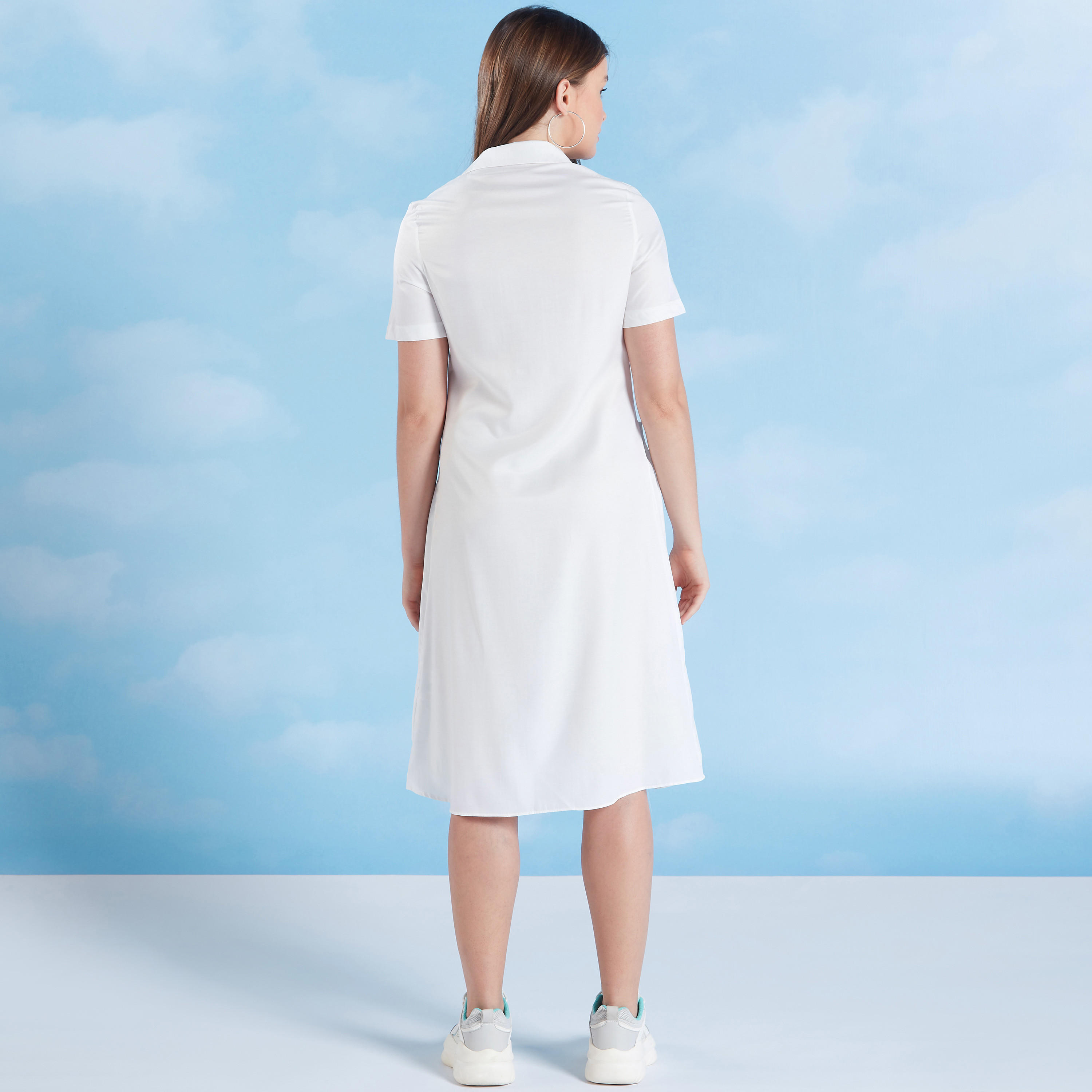 Plain Midi Shirt Dress with Short Sleeves and Pocket Detail-women-clothing-dresses-image-4