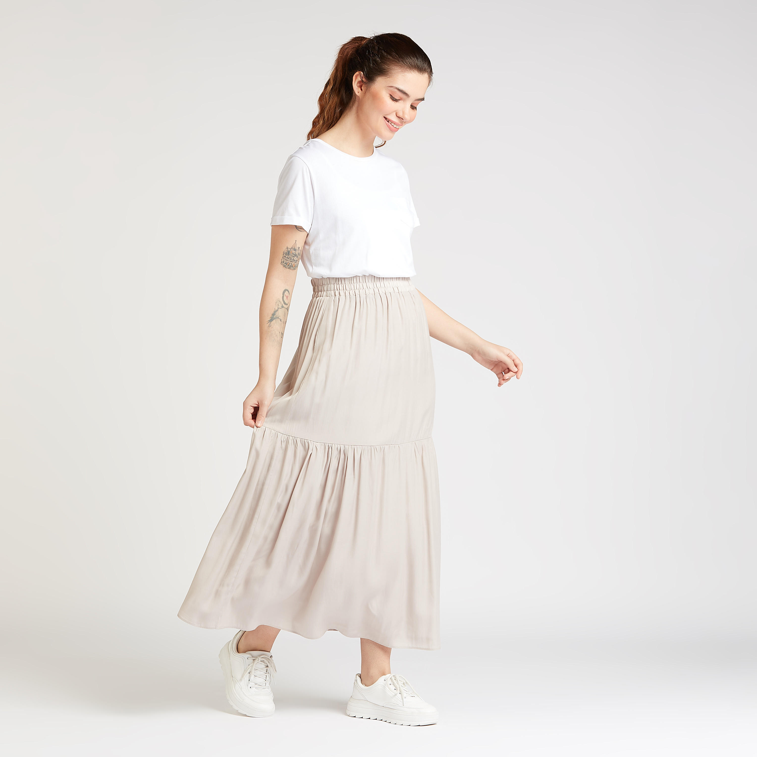 تنورة سادة طويلة إيه لاين بخصر مطّاطي-women-clothing-bottoms-skirts-image-2