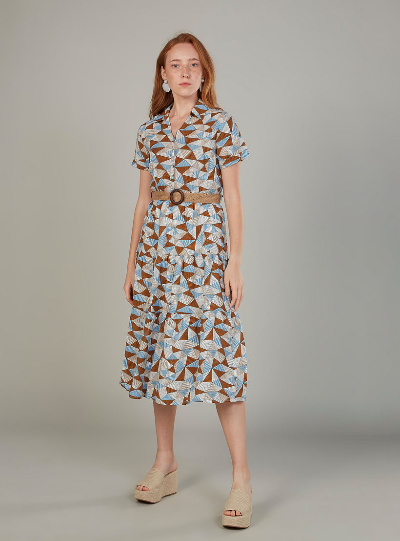 فستان ميدي ايه لاين بياقة V وأكمام قصيرة وطبعات-women-clothing-dresses-image-1